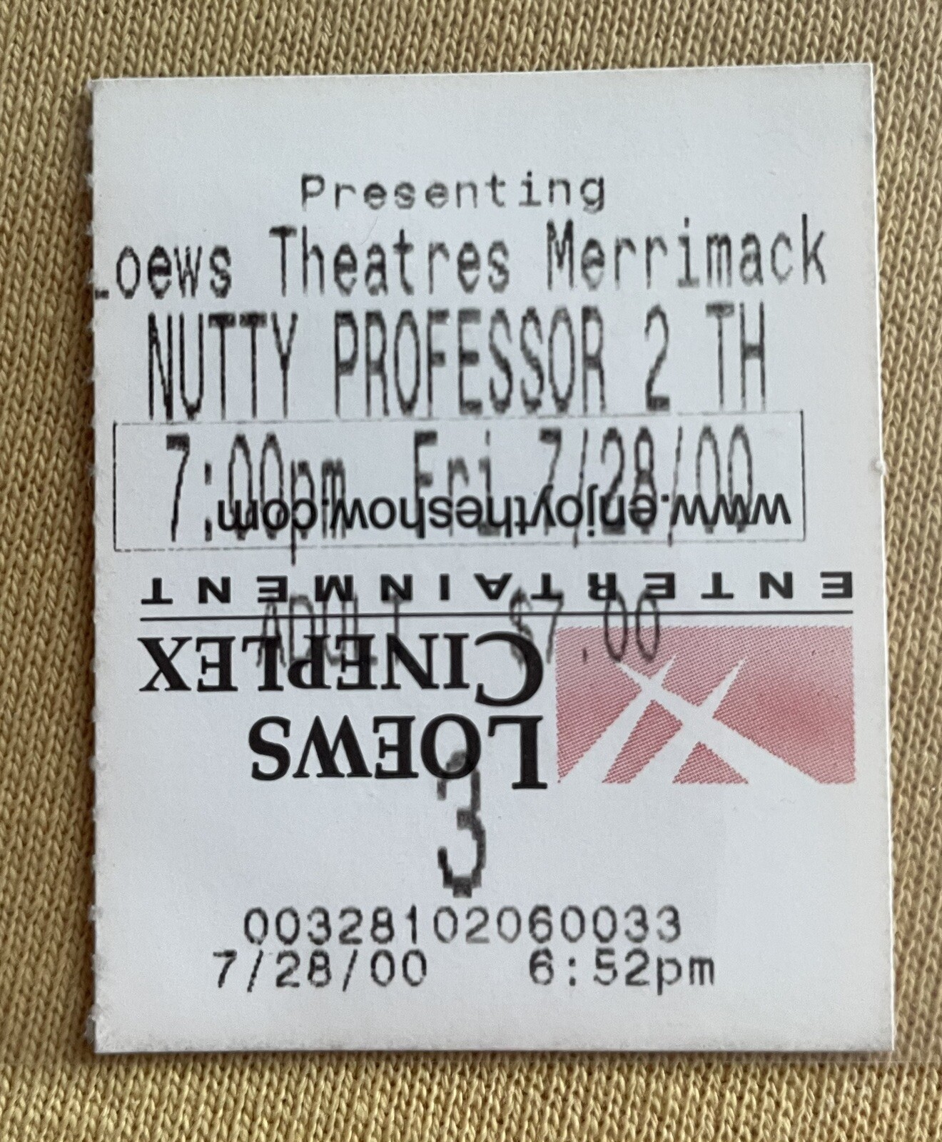NUTTY PROFESSOR 2: THE CLUMPS. 7/28/00. Lowe’s Theaters Merrimack. Ticket Stub.