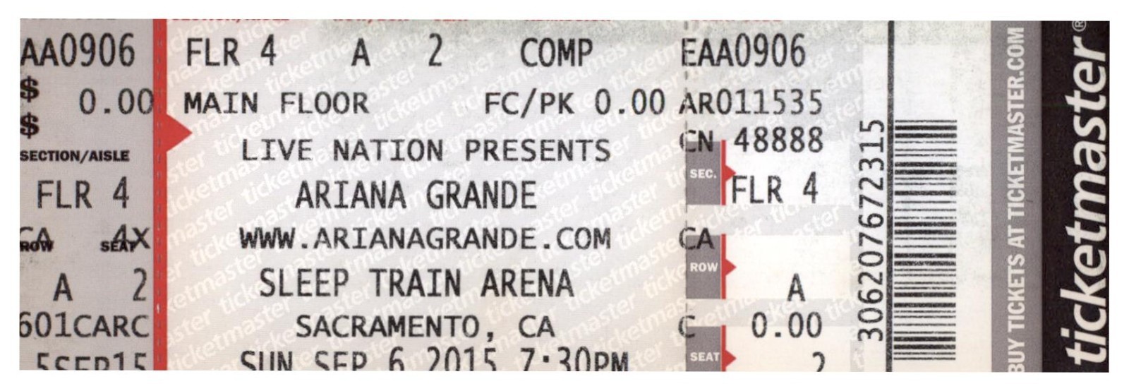 Ariana Grande Honeymoon Tour Sleep Train Arena Concert Full Ticket Stub 9/6/2015