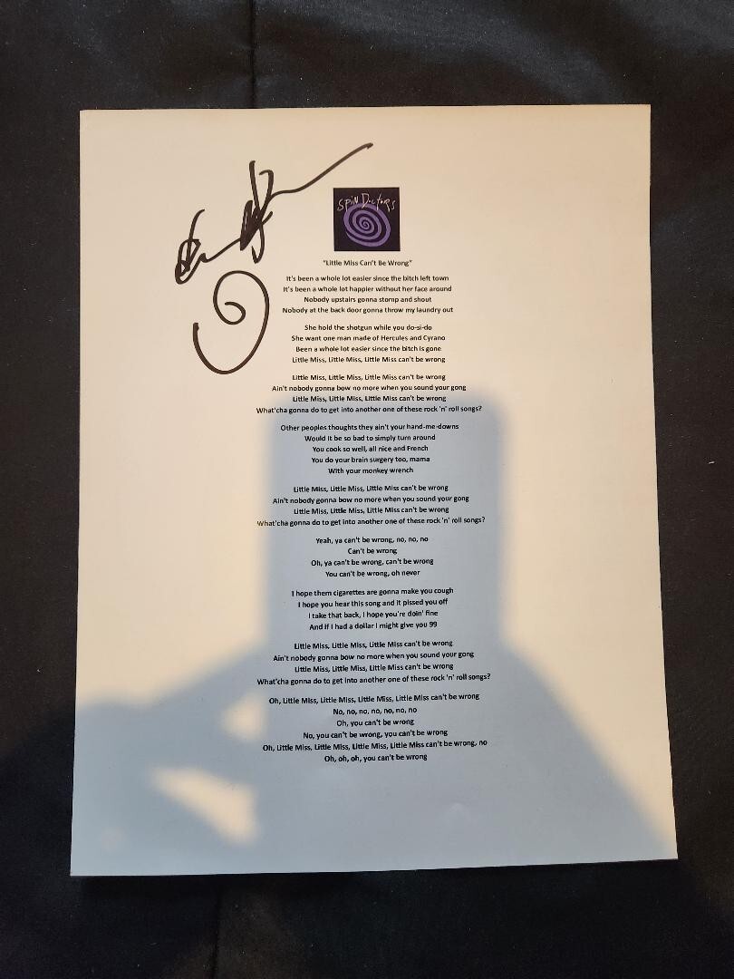 Chris Barron signed “Little Miss Can’t be Wrong” Lyric sheet Spin Doctors