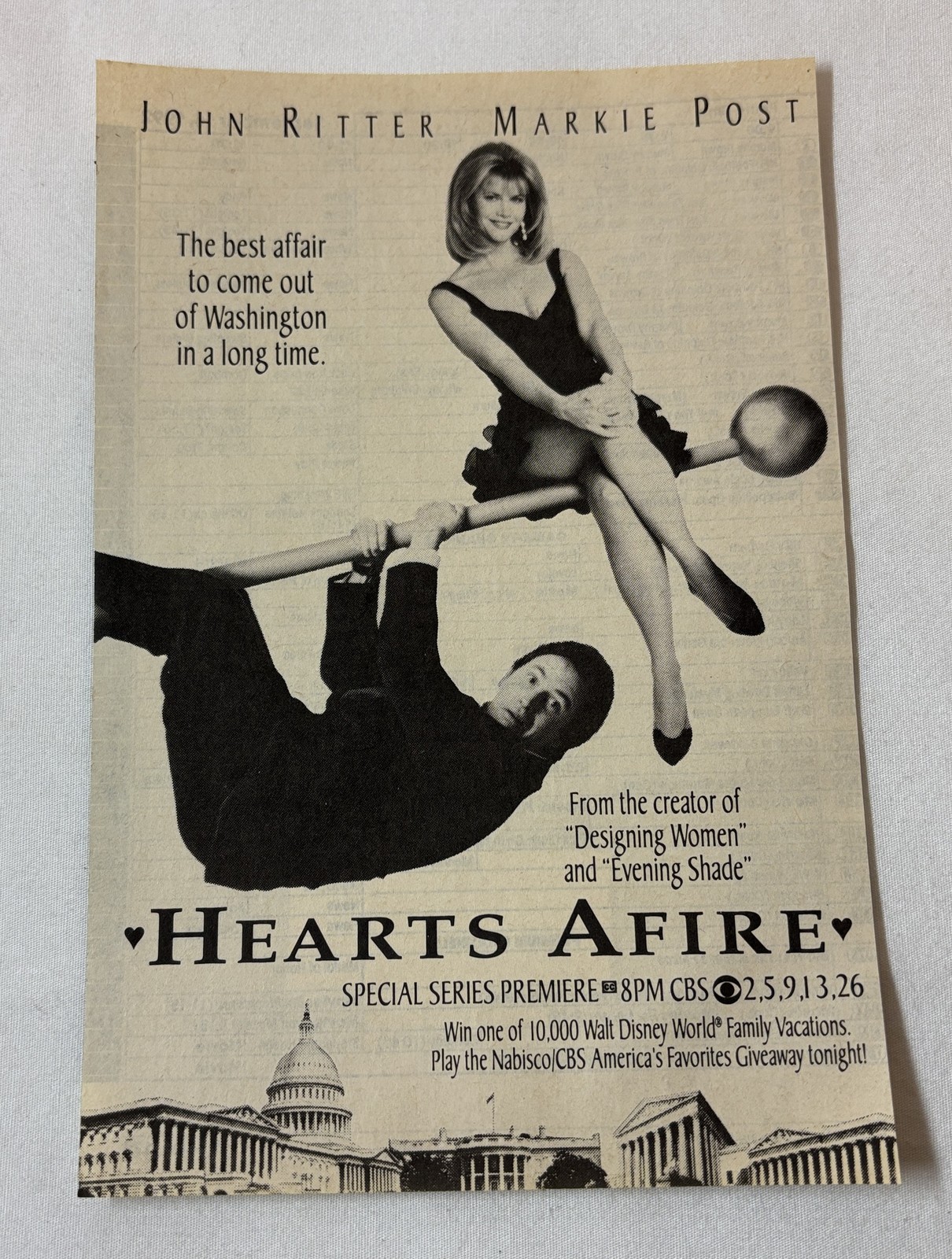 1992 CBS tv ad ~ HEARTS AFIRE series premiere ~ John Ritter, Markie Post