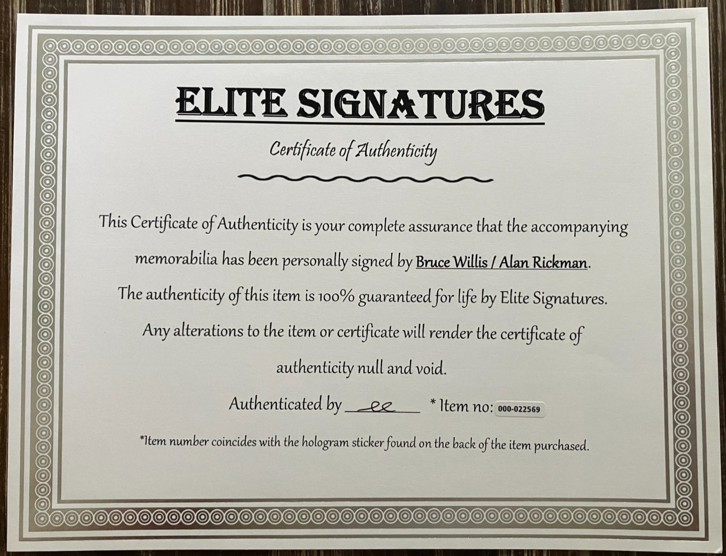 Bruce Willis & Alan Rickman Autographed Rare Die Hard Photo Elite Signatures COA