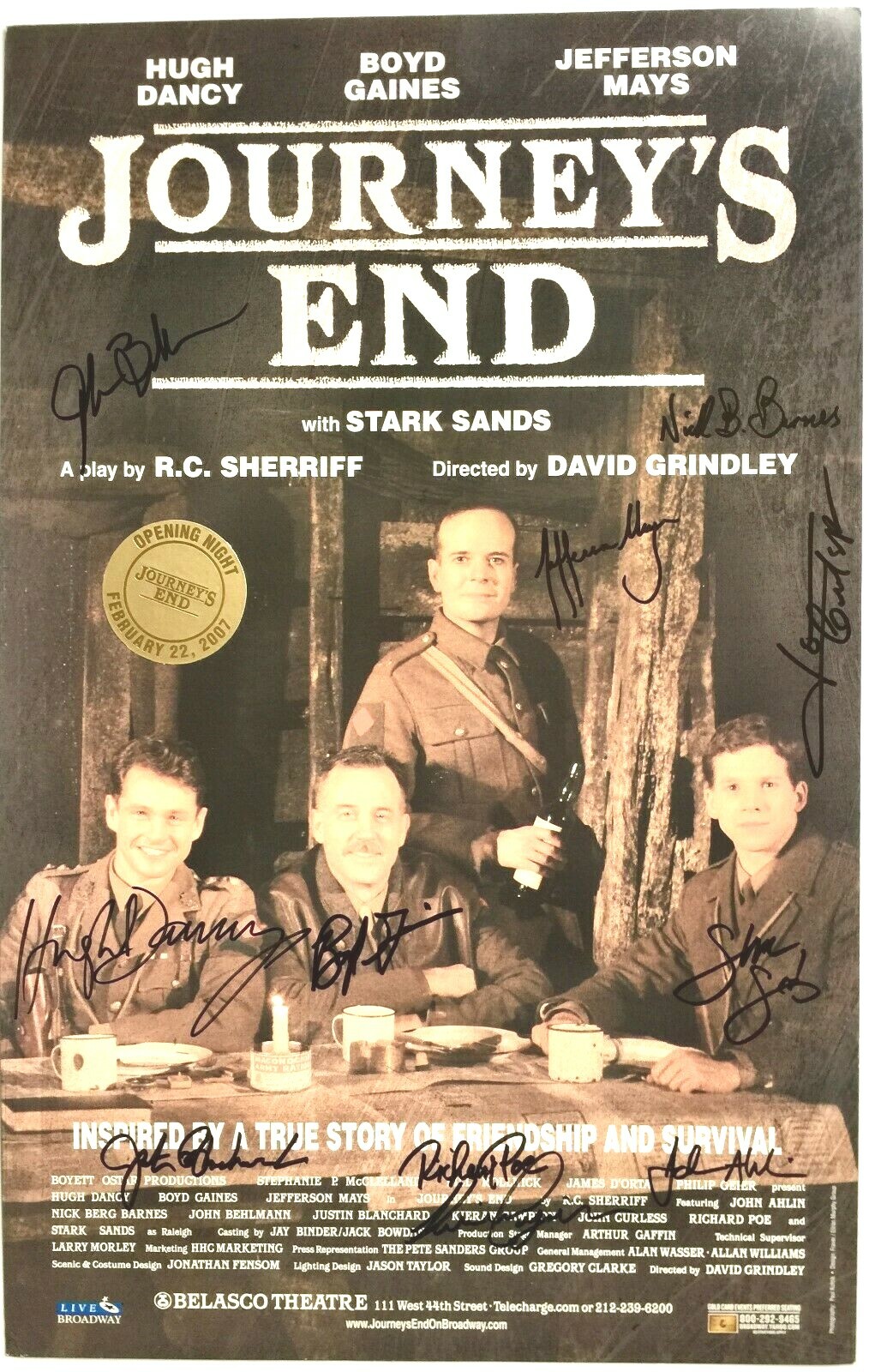 “JOURNEY’S END” FULL CAST SIGNED BROADWAY WINDOW CARD POSTER ~ OPENING NIGHT!