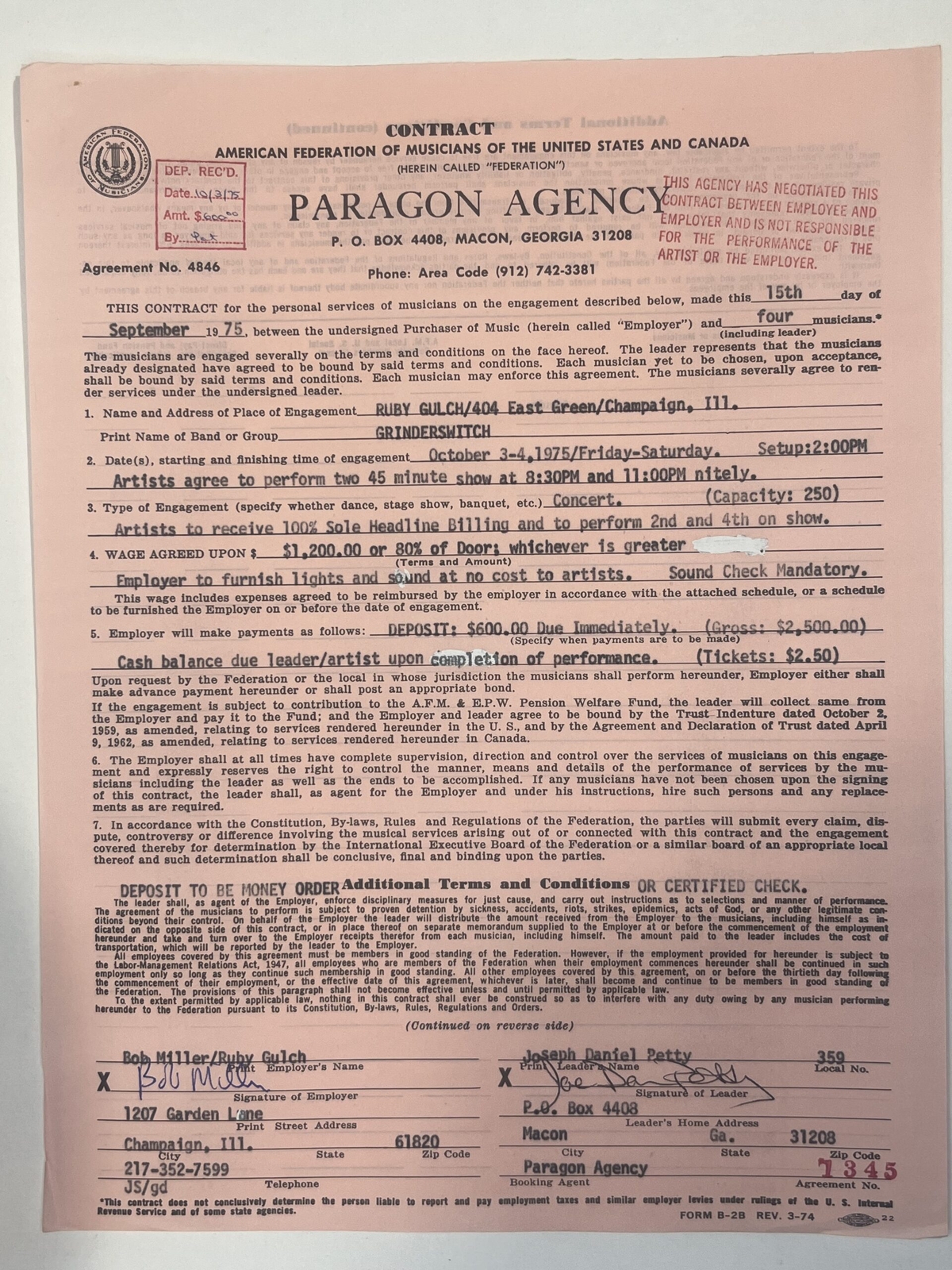 Grinderswitch Concert Contract 1975 Champaign IL