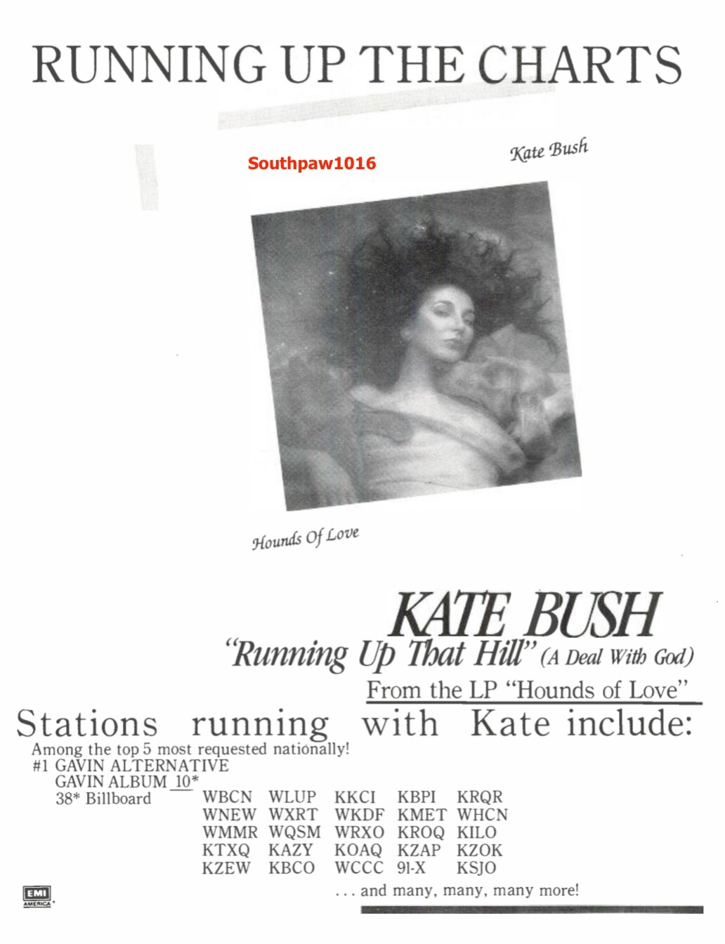 1985 Kate Bush “Running Up That Hill” Song Release Industry Promo Reprint Ad