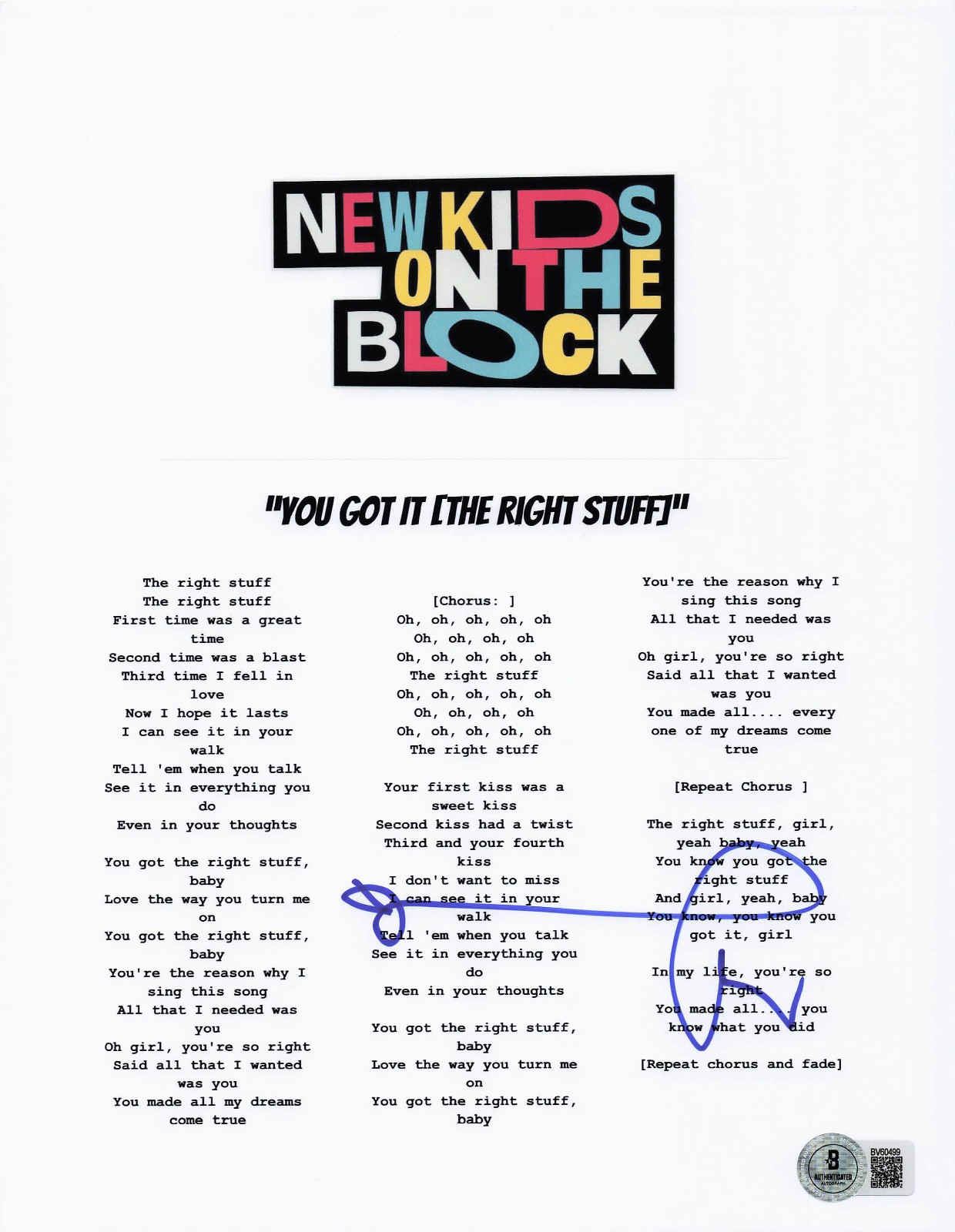DONNIE WAHLBERG SIGNED NKOTB YOU GOT IT THE RIGHT STUFF LYRIC SHEET BECKETT BAS