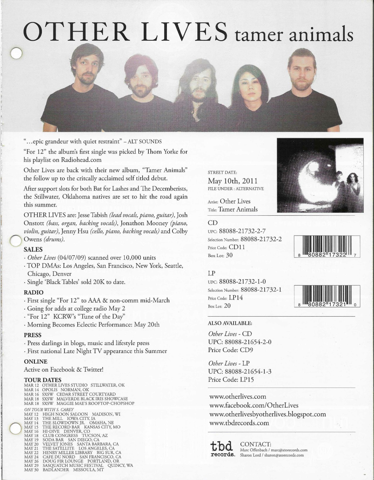 OTHER LIVES Rare TOUR DATES 2011 PROMO TRADE AD Poster for Tamer MINT 8.5×11