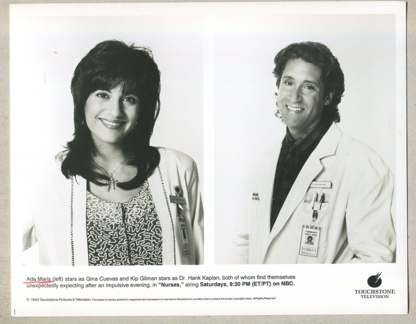 Nurses- Ada Maris, Kip Gilman 1993 TV NBC promo press photo P3C
