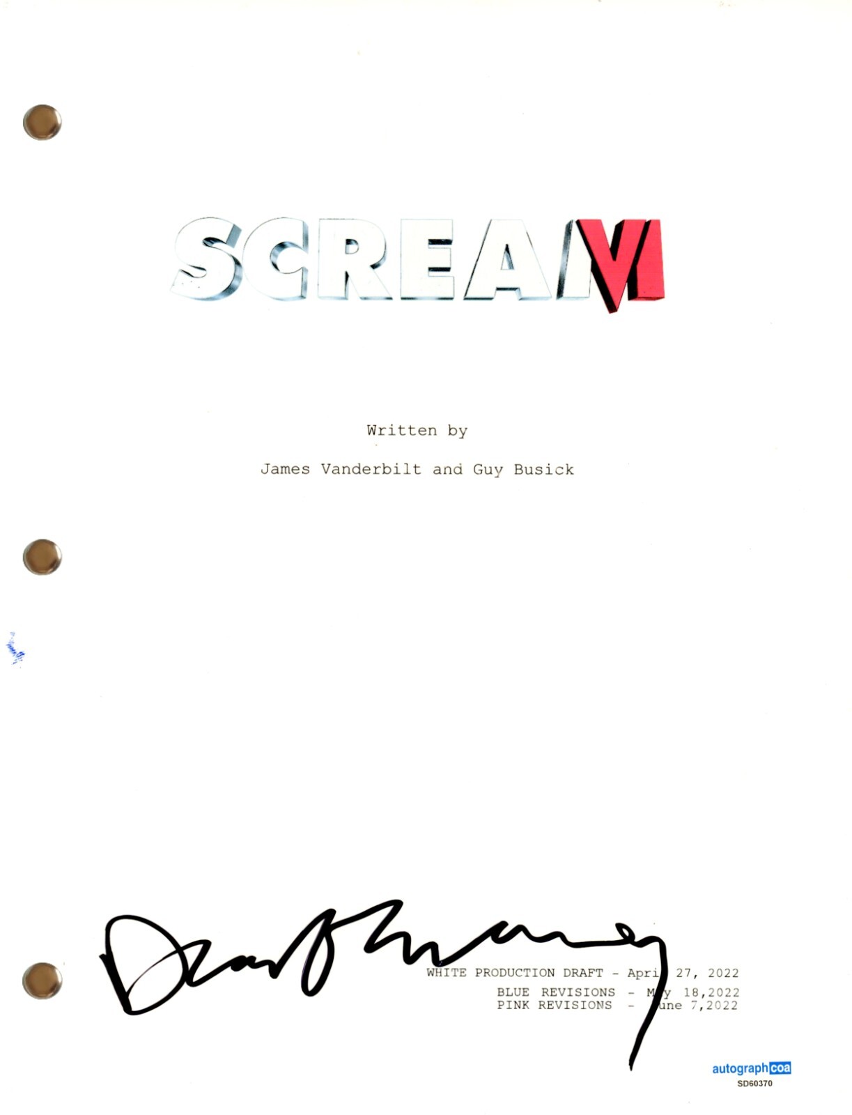 Dermot Mulroney “Scream VI” Signed Autograph Movie Script Screenplay ACOA COA