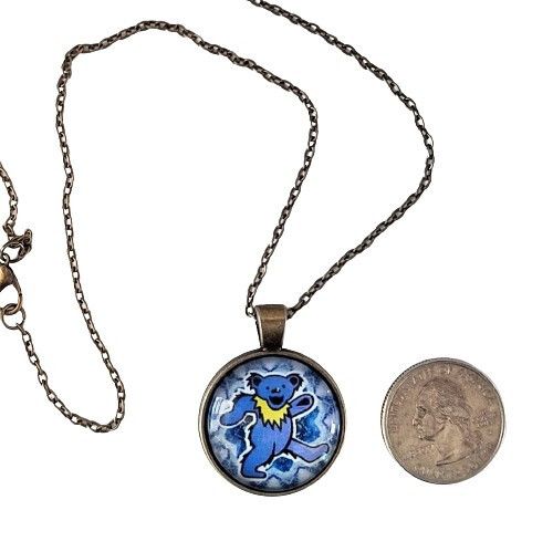 Grateful Dead Dancing Bear Necklace Antique Brass Chain & Glass Cabochon Charm