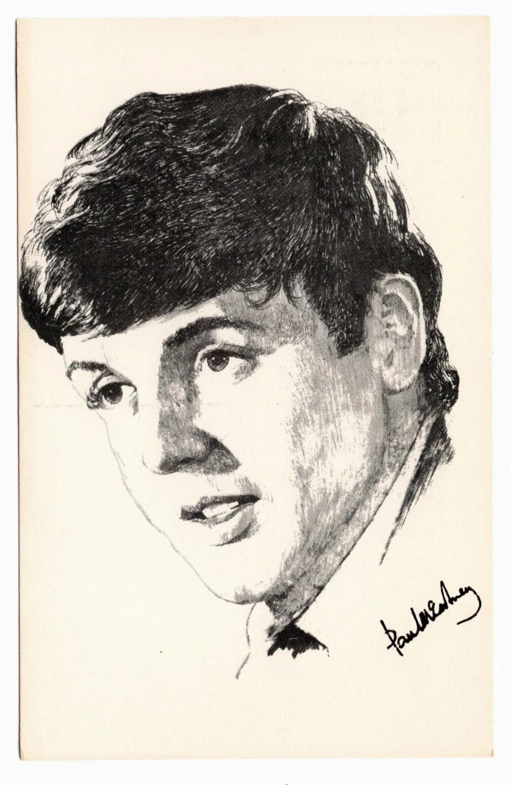 PAUL McCARTNEY vintage 1964 BEATLES POSTCARD Unused B/W Art Drawing 3.5″ x 5.5″