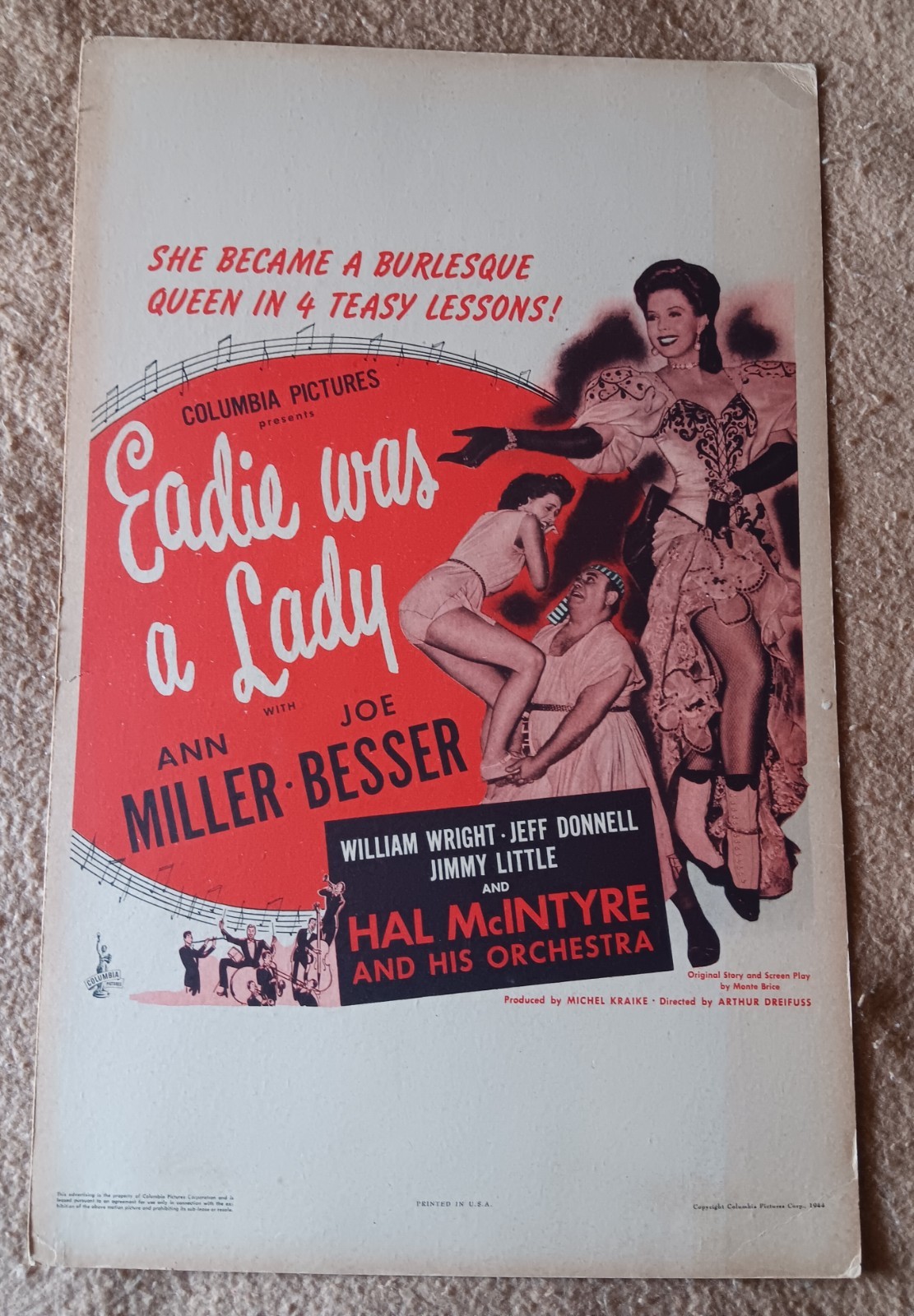 Eadie Was A Lady-Joe Besser-Ann Miller ORIGINAL 1944 14 x 22 Window Card Poster