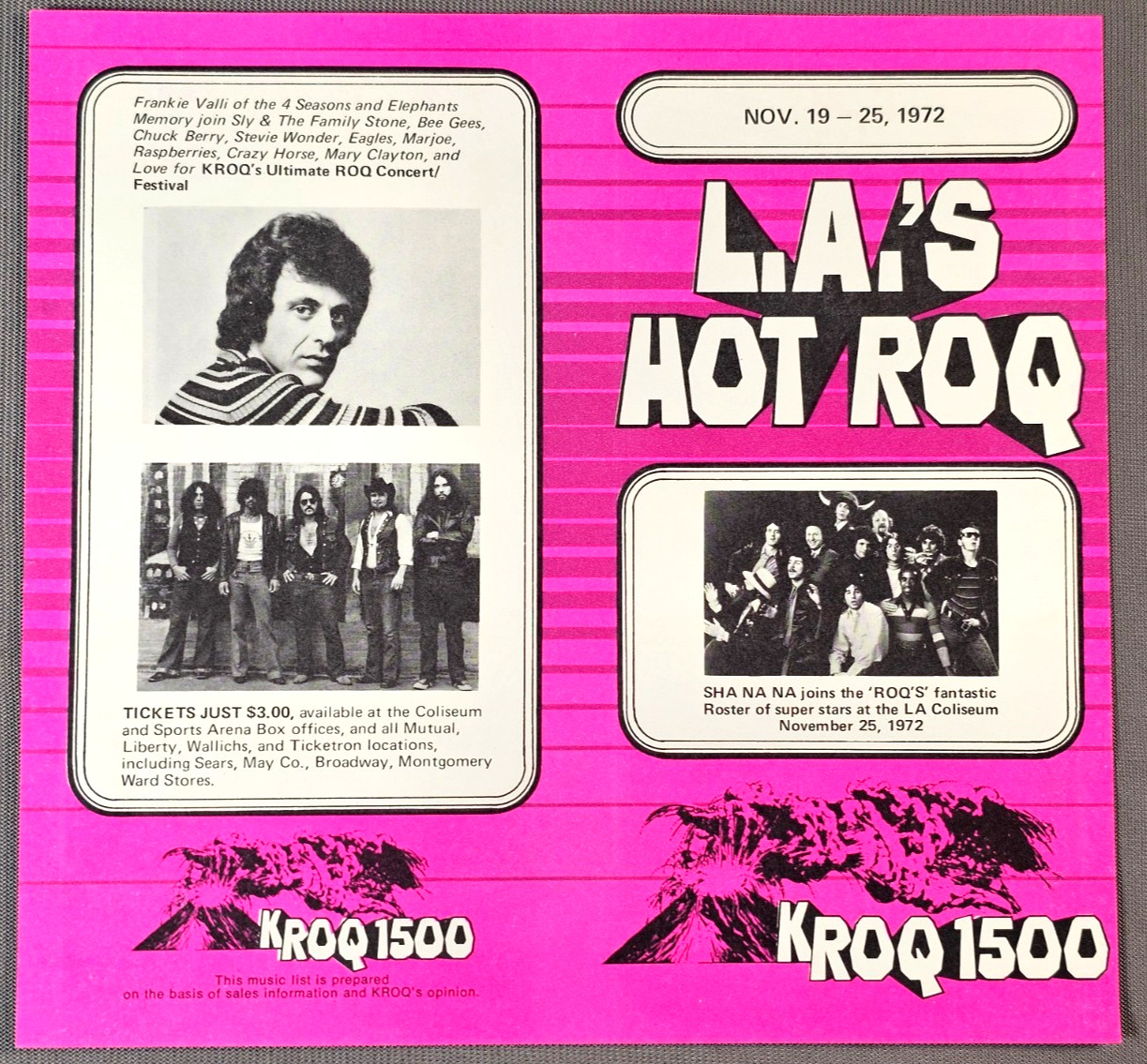 KROQ – Los Angeles CA, Radio Station Music Survey, November 19, 1972