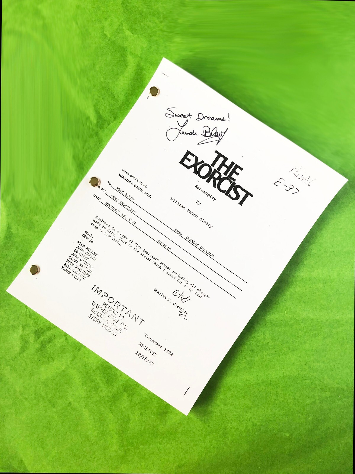 The Exorcist Original Movie Script With All 138 Pages, Linda Blai Autographed