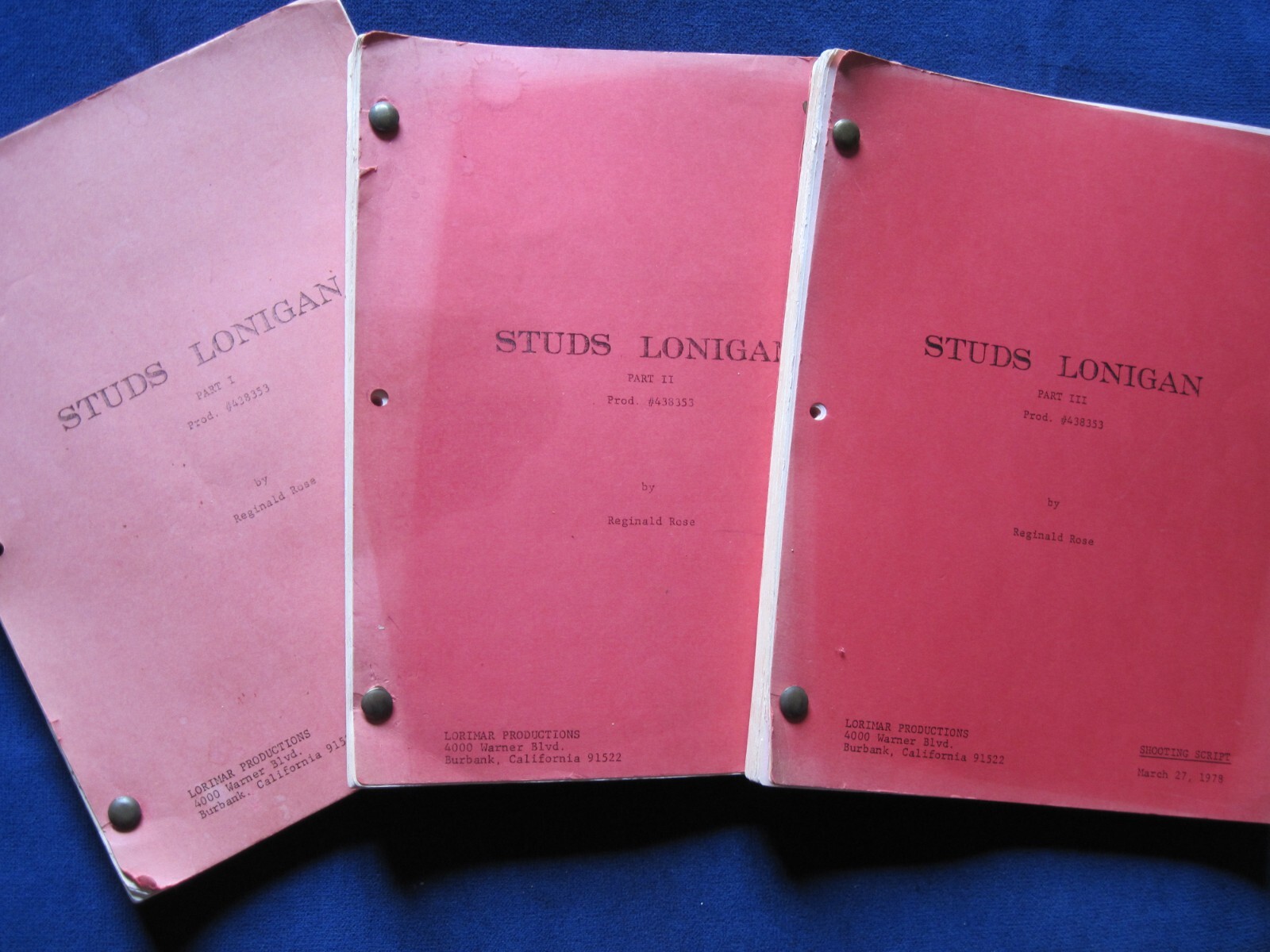 ORIGINAL TV FILM SCRIPTS – STUDS LONIGAN TRILOGY – SIGNED by REGINALD ROSE