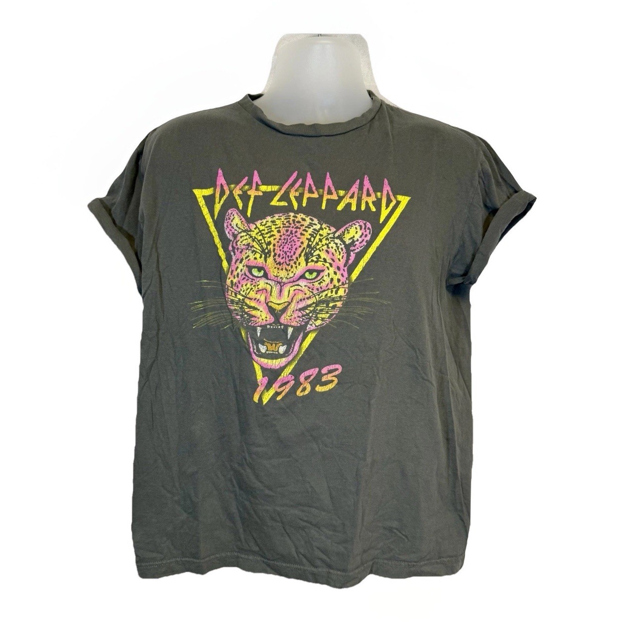 Def Leppard Neon Cat 1983 Goodie Two Sleeves T Shirt Size L Distressed Grey