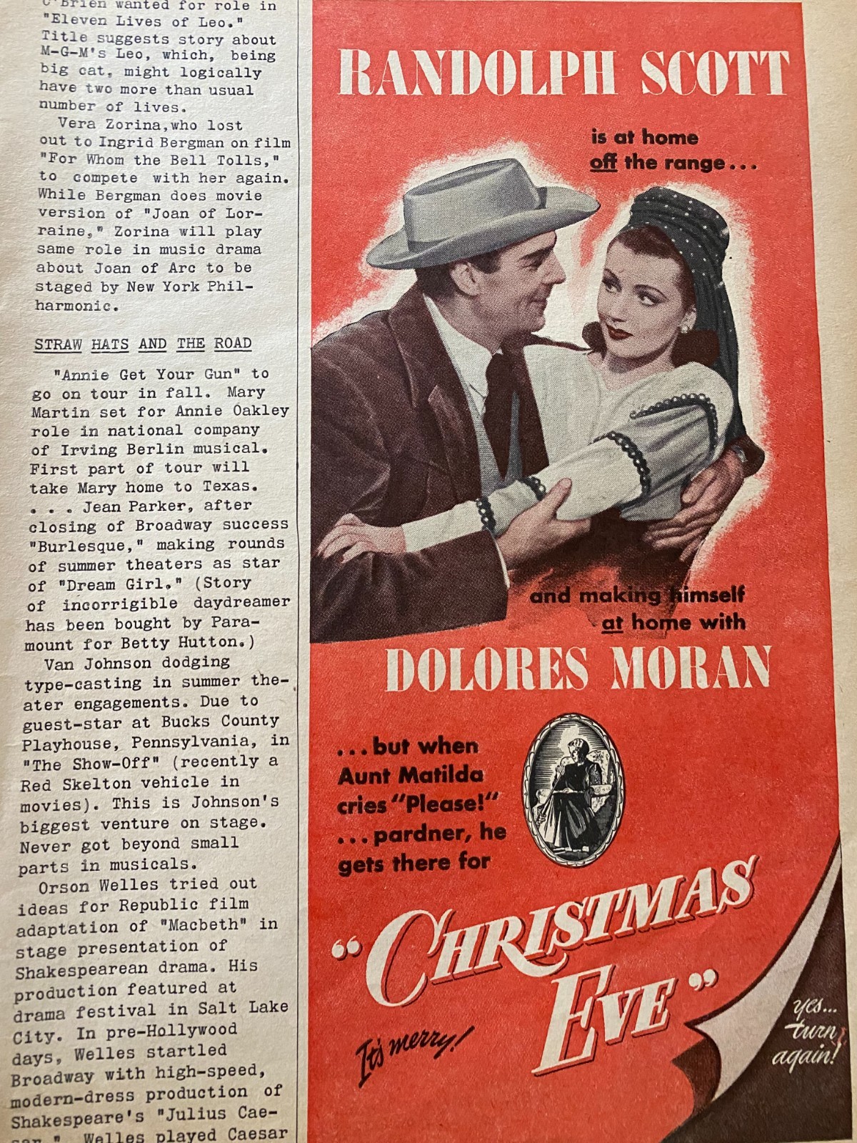 Christmas Eve, Randolph Scott, Dolores Moran, Vintage Promotional Ad, aa