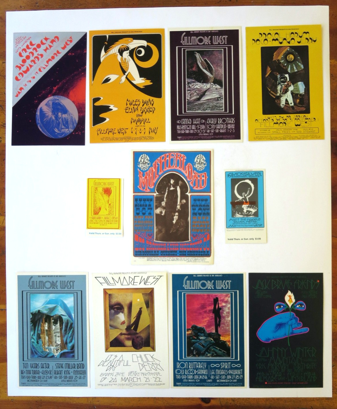 9 Vintage 1967-1971 SanFran Concert Postcard Handbills Plus 2 Concert Tickets