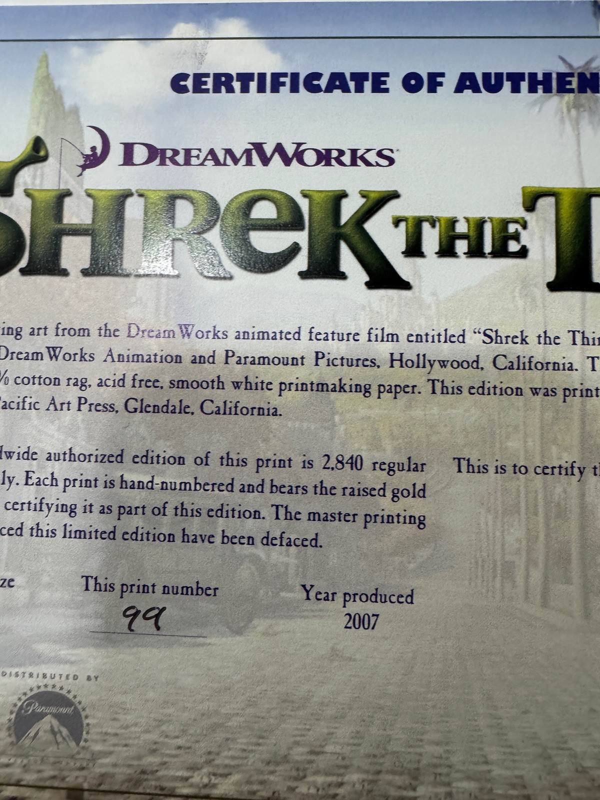 POSTER DreamWorks Shrek The Third Framed 2007 Limited Edition 99 of 2,840 w/ COA