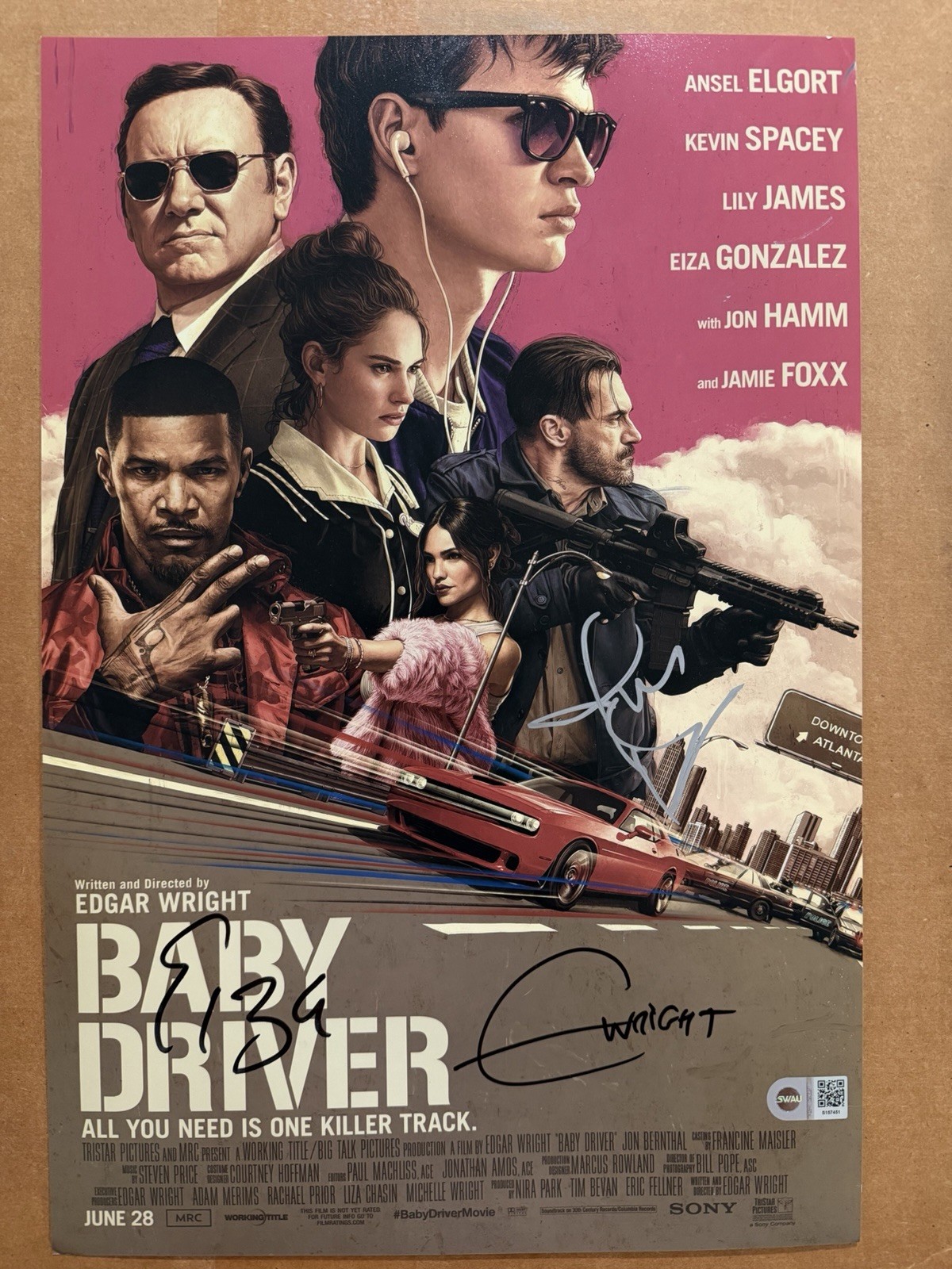 3 Signed Baby Driver Edgar Wright Jon Hamm Eiza Gonzalez Autograph PROOF SWAU