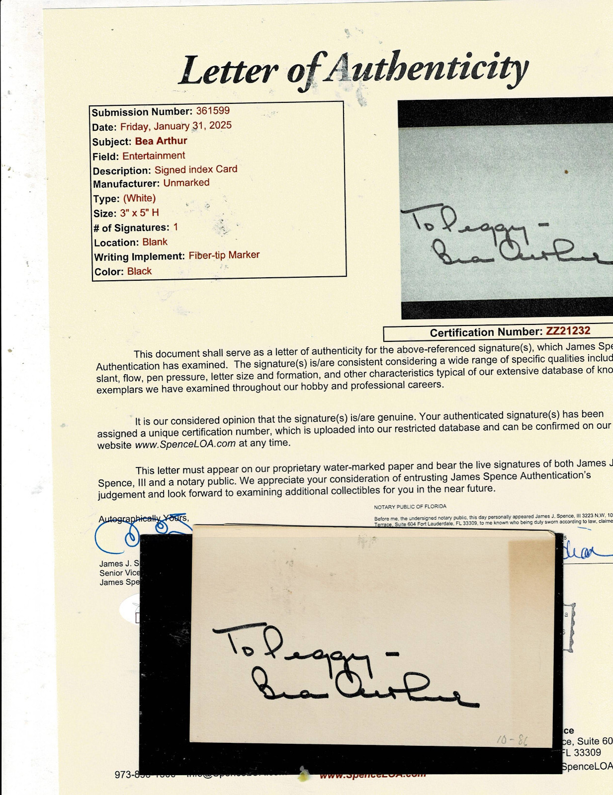 Bea Arthur Actress Golden Girls autographed signed index card. with COA from JSA