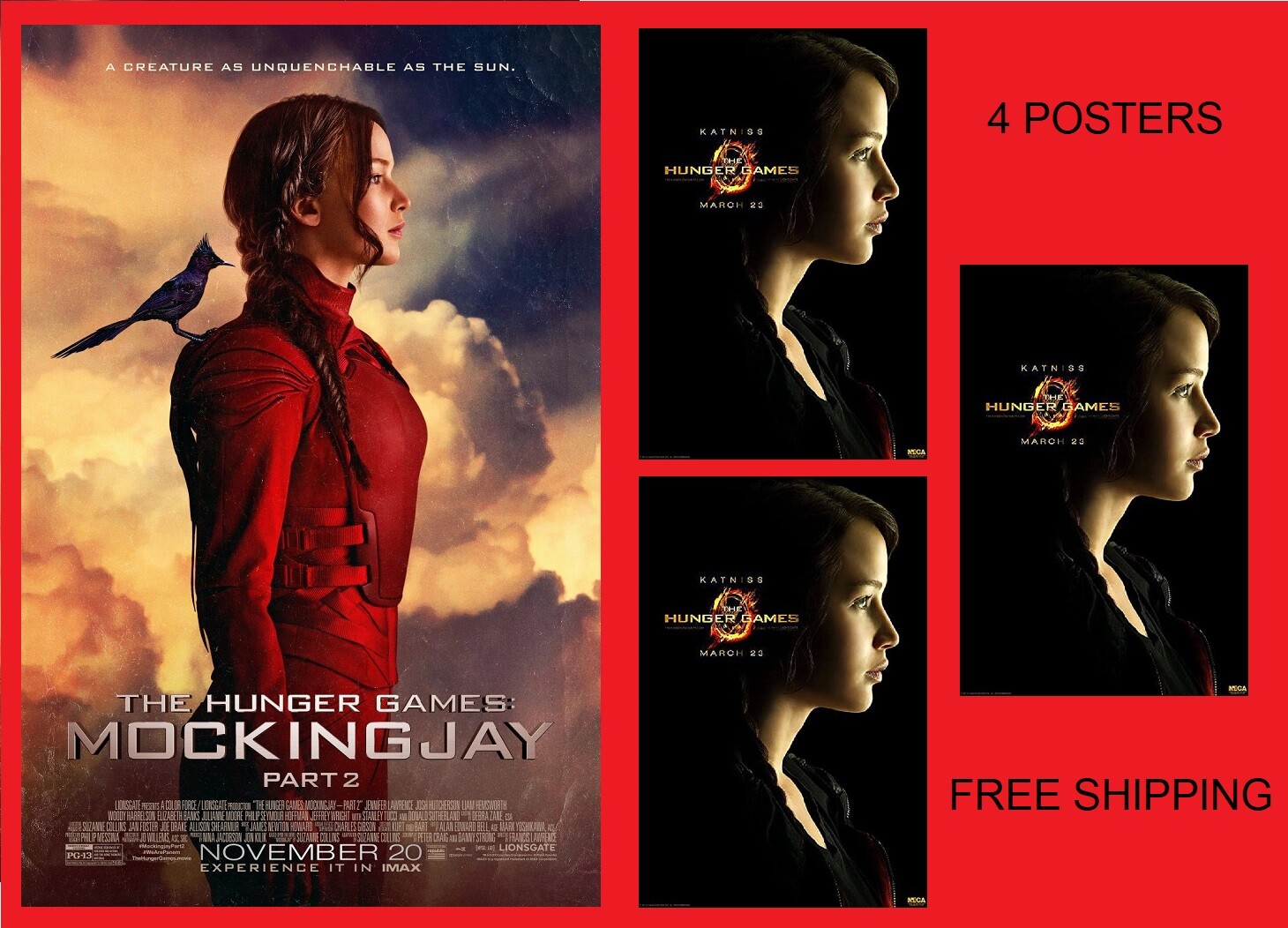Original HUNGER GAMES MOCKINGJAY 2 D/S One Sheet & 3 – 1/4 Size 13 1/2″ X 20″