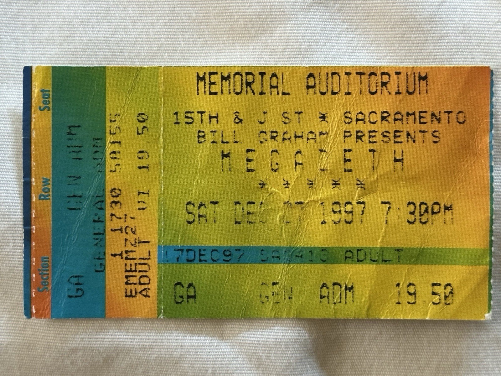 MEGADETH/MACHINE HEAD/LIFE OF AGONY CONCERT TICKET STUB SACRAMENTO CA 12/27/1997
