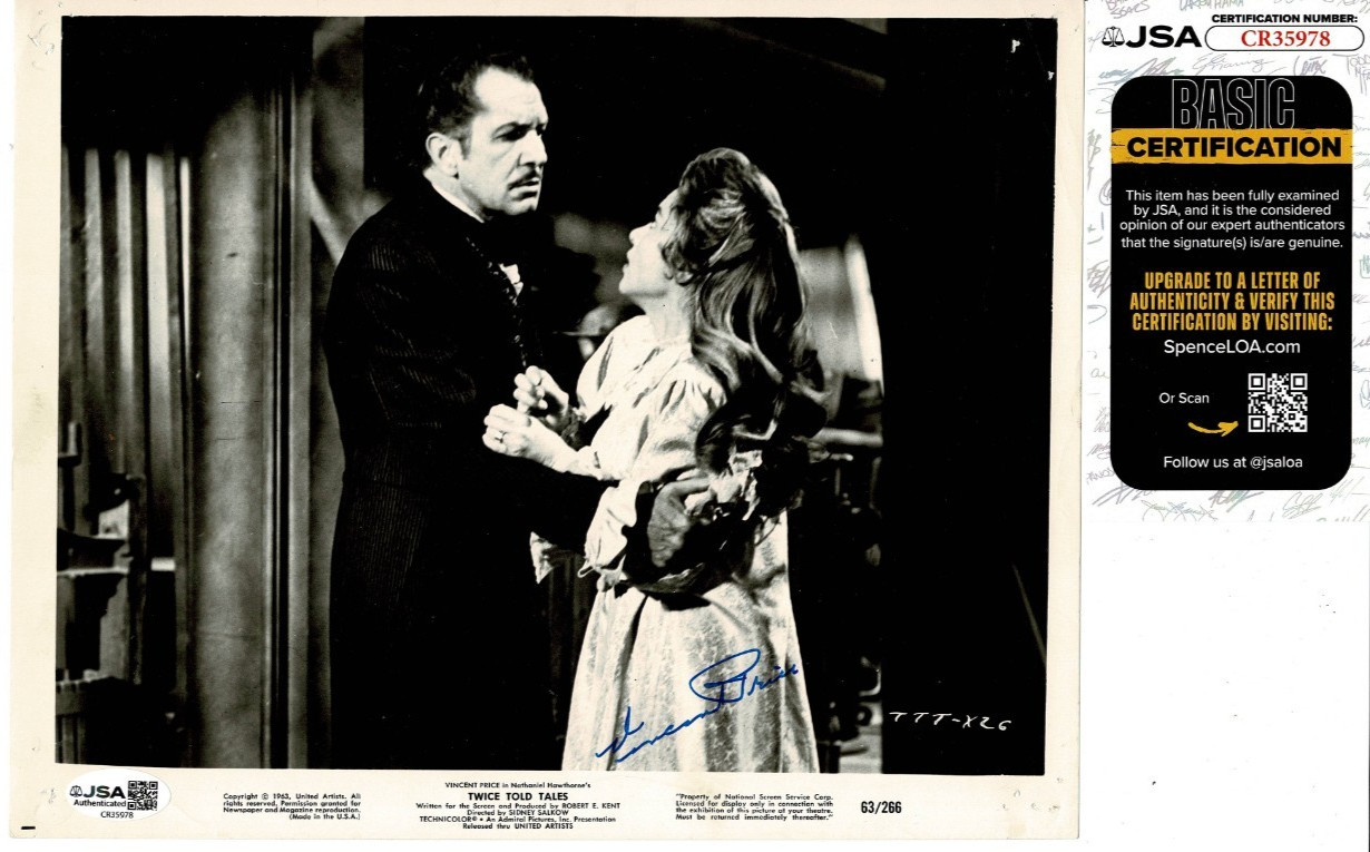 VINCENT PRICE (1911-1993) SIGNED 8X10 VINTAGE PHOTO “TWICE TOLD TALES” JSA COA
