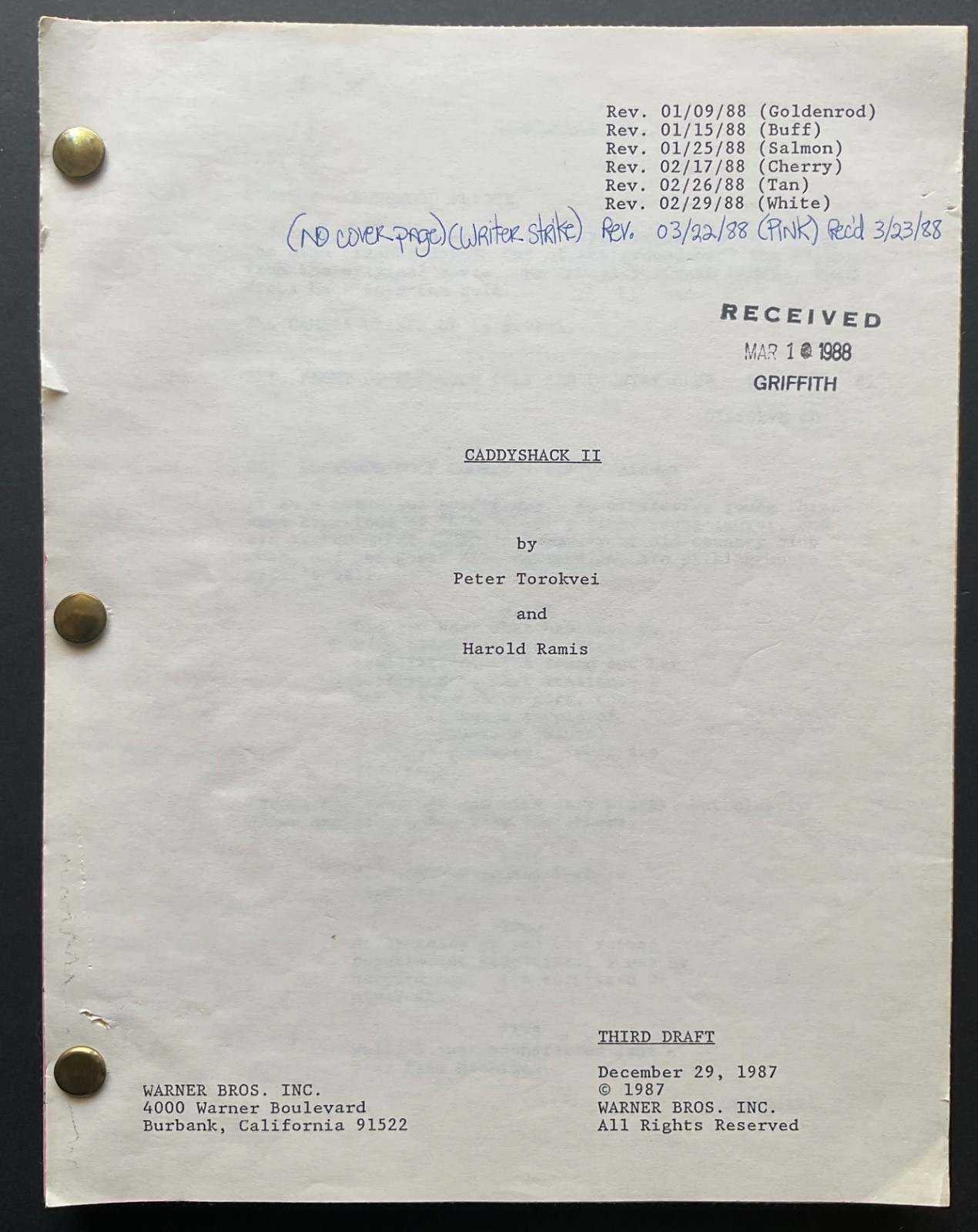 CADDYSHACK II by PETER TOROKVEI & HAROLD RAMIS Screenplay 1987, Warner Brothers