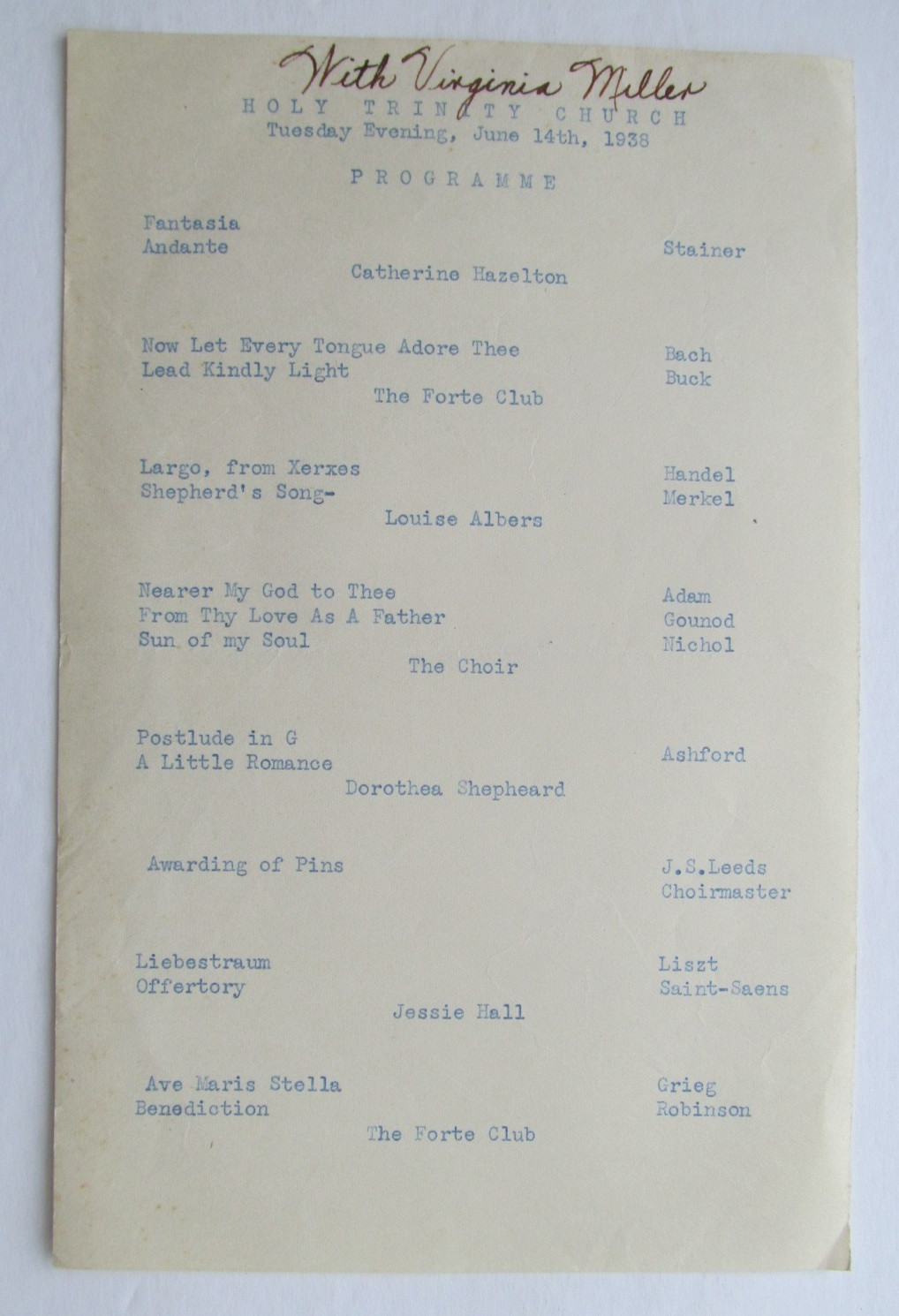 Holy Trinity Church 1938 Concert Program (Likely Philadelphia)