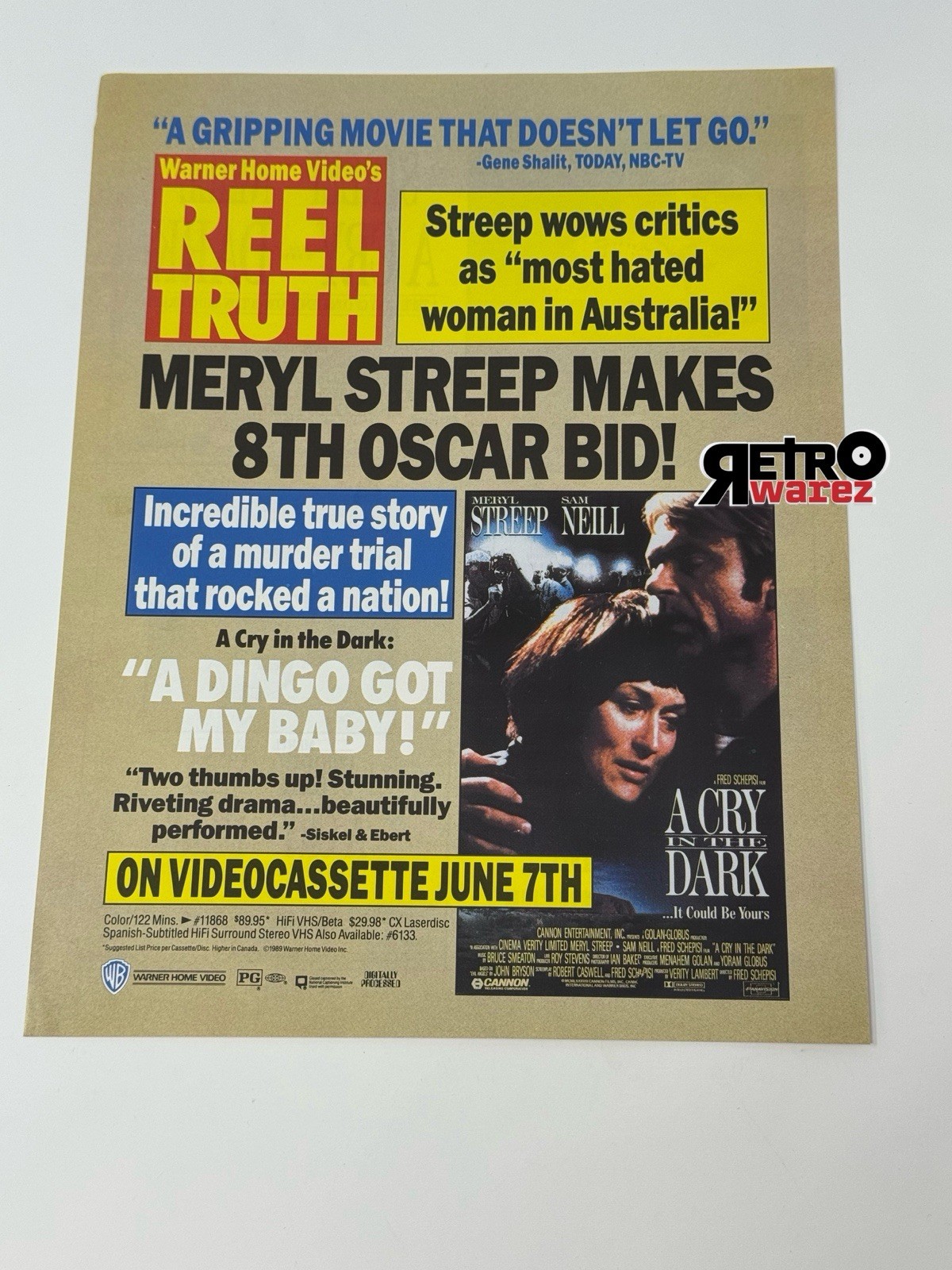 A Cry In The Dark 1988 VHS Promo AD Slick 8.5×11” DS Movie Flyer Meryl Streep