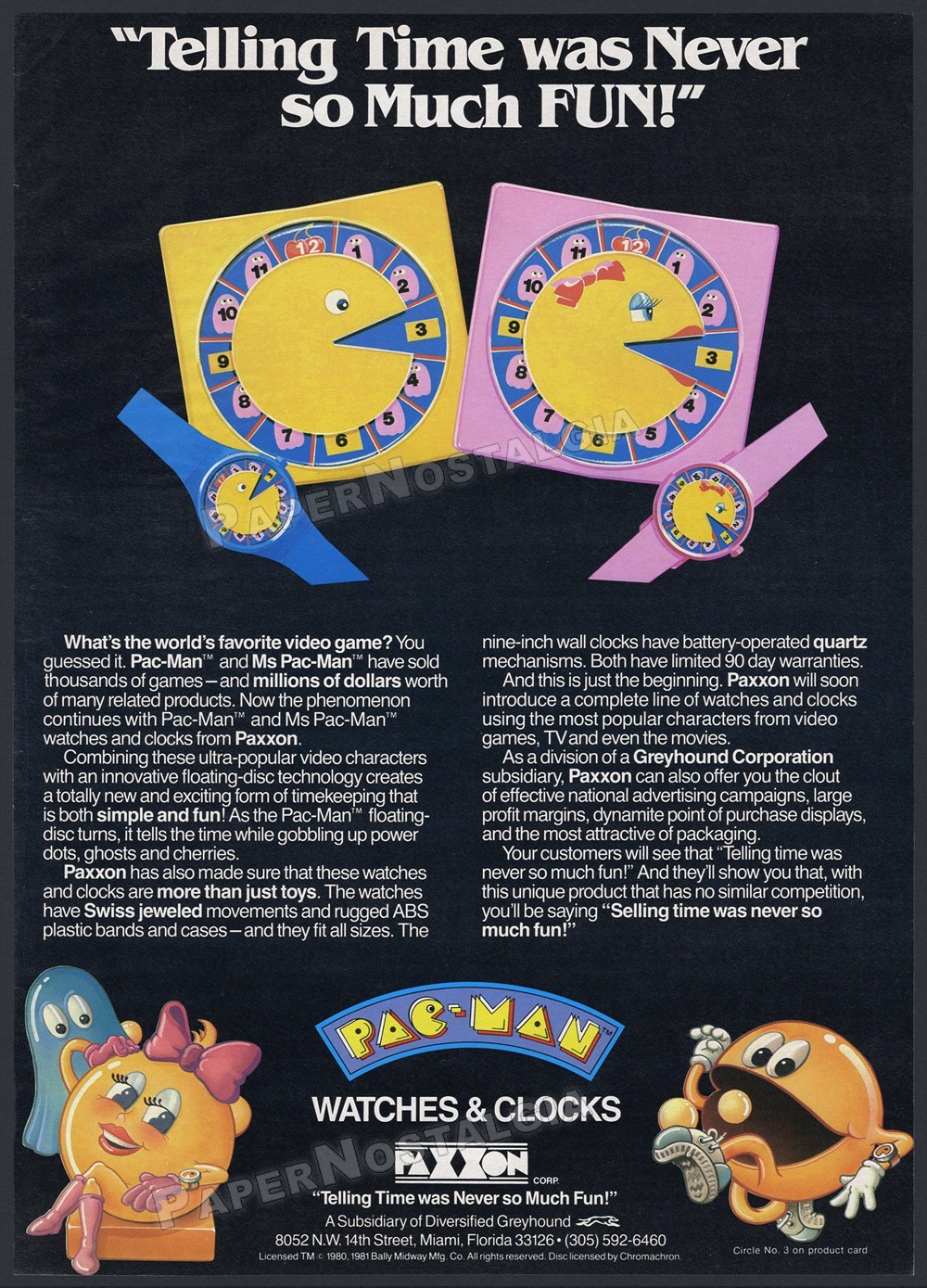 PAC-MAN Watches & Clocks – Orig. 1983 Trade AD / poster – Paxxon – Ms. PAC-MAN