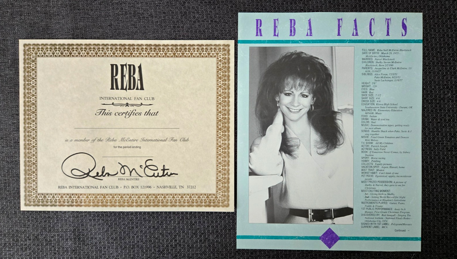 Vintage Reba McEntire Fan Club Memorabilia plus Professional Fan PHOTO