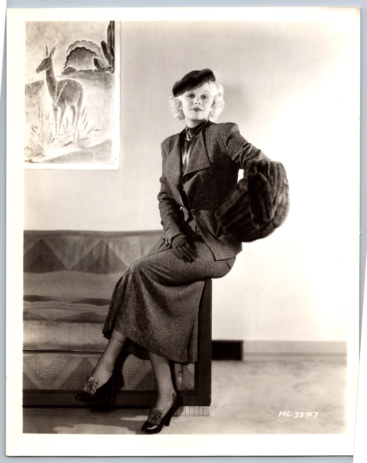 Publicity Photo Actress Jean Harlow Platinum Blonde Glamor Fur Hat c. 1930s