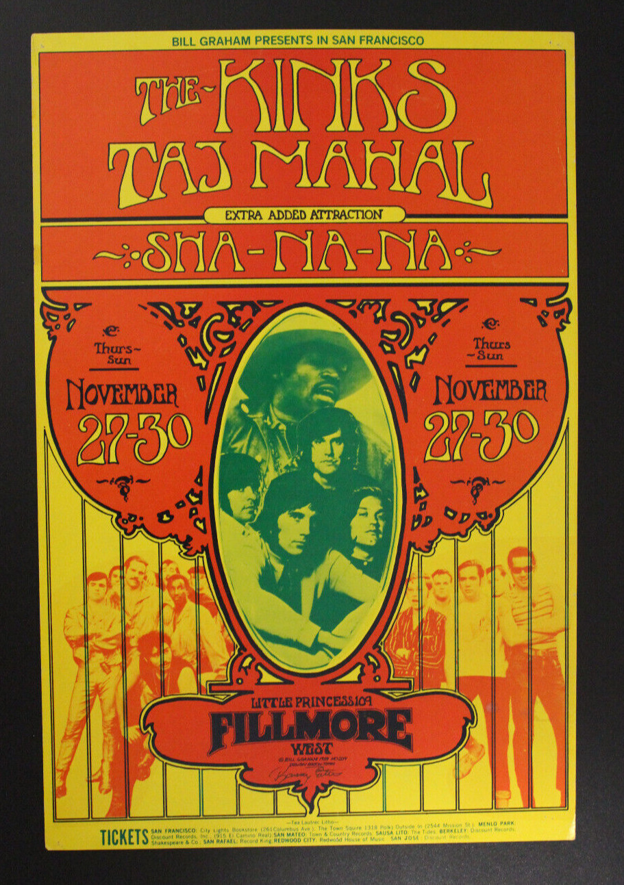 The Kinks Taj Mahal 1969 Fillmore West Concert Poster, Artist signed Bill Graham