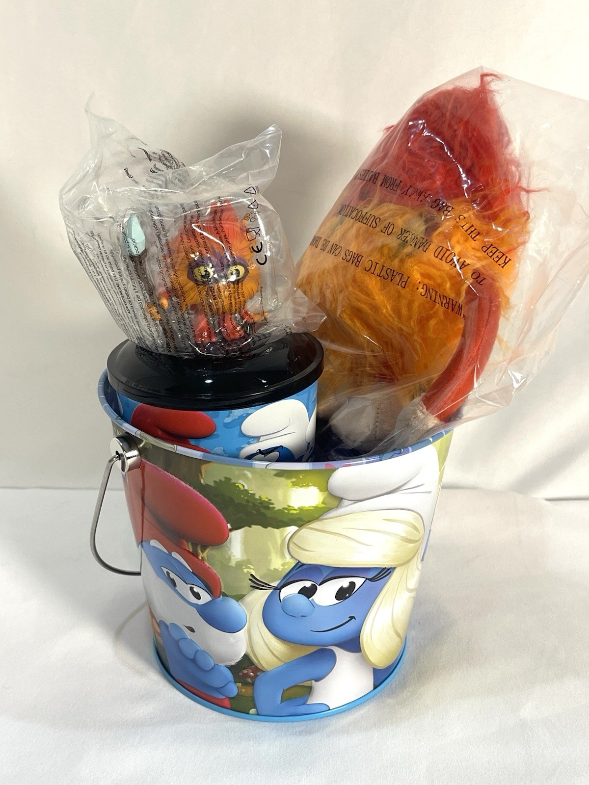 Smurfs 2025 Popcorn Bucket Tin & Kids Cup with Smurf Topper & Plush New 5 Pc Set