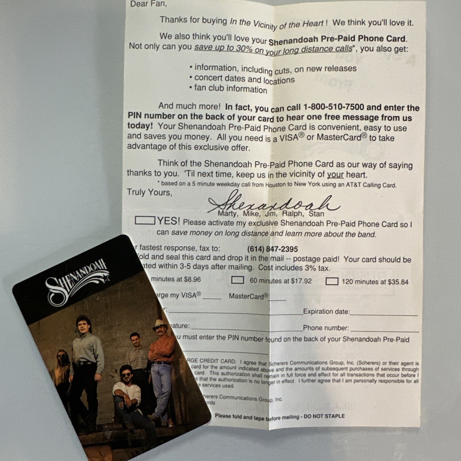 Shenandoah Band Group Pre Paid Phone Card Novelty Item