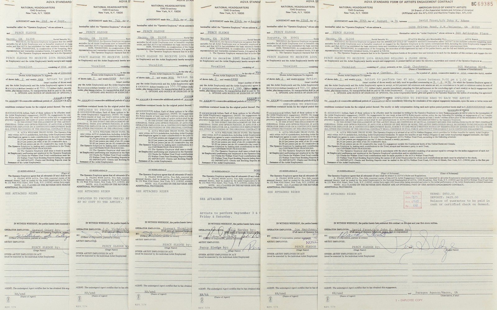 Percy Sledge 1976 Six Signed Artist Engagement Contracts