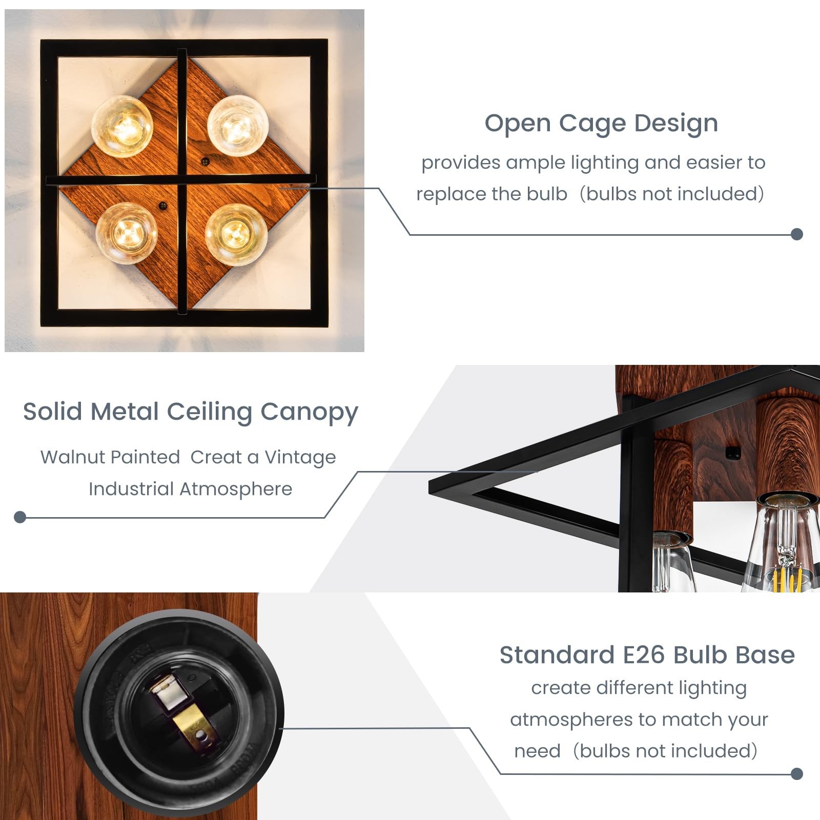 4-Light Flush Mount Ceiling Light, Black Wood Farmhouse | Close to Ceiling, S…