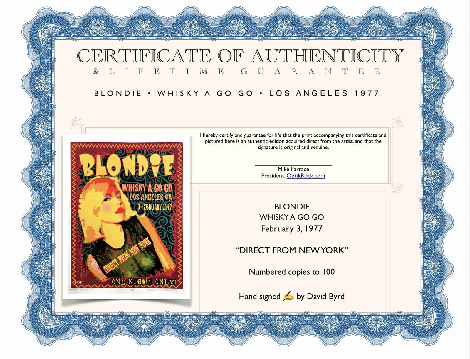 Blondie Poster Whisky A Go Go Debut Performance Tribute SN 100 David Byrd COA