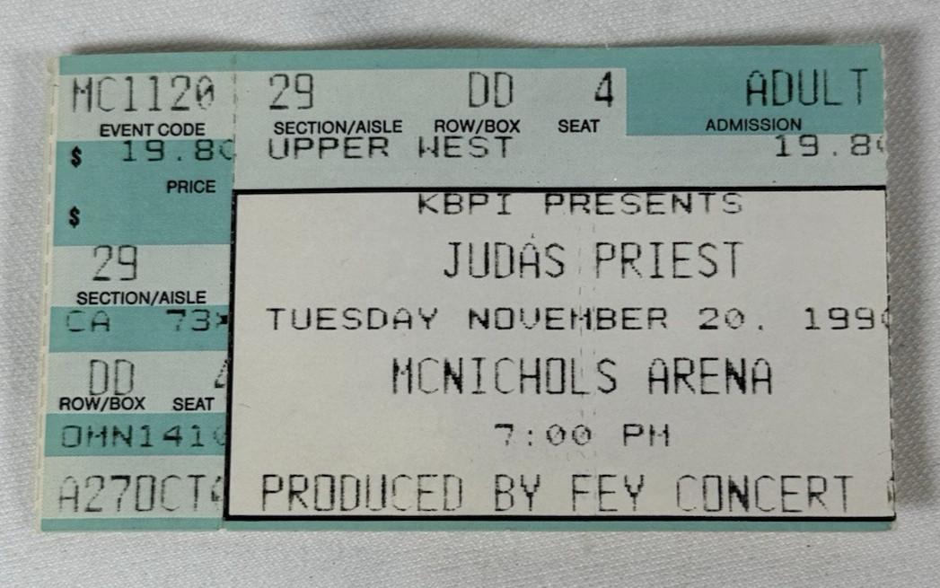 Judas Priest Painkiller Tour Ticket Stub 11/20/1990 McNichols Arena Denver CO