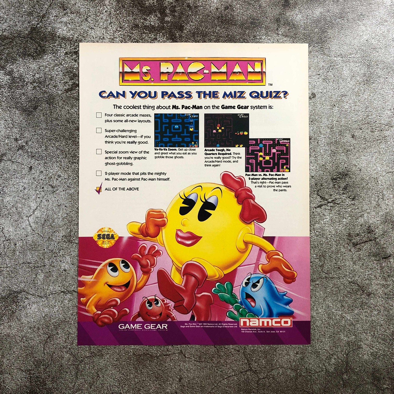 1994 Ms Pac-Man Retro Video Game PRINT AD Namco Game Gear Art