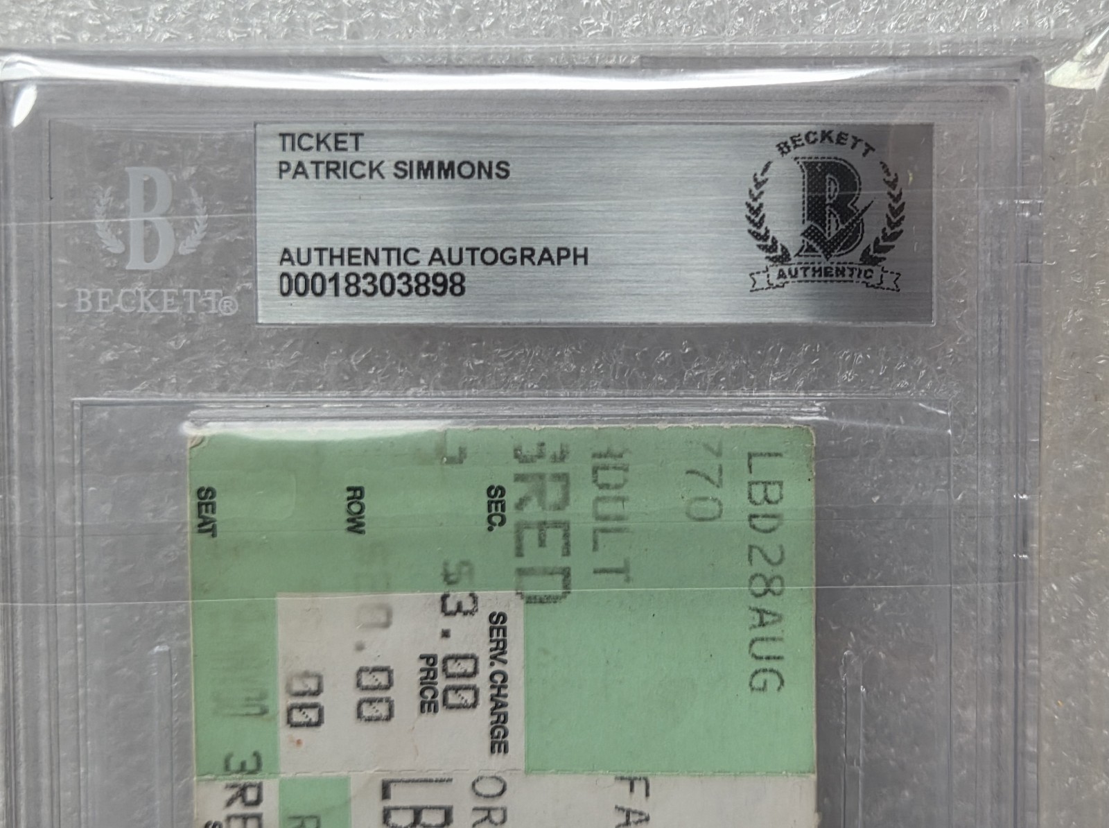 PAT SIMMONS SIGNED TICKET BECKETT BAS COA AUTOGRAPHED SLABBED DOOBIE BROTHERS