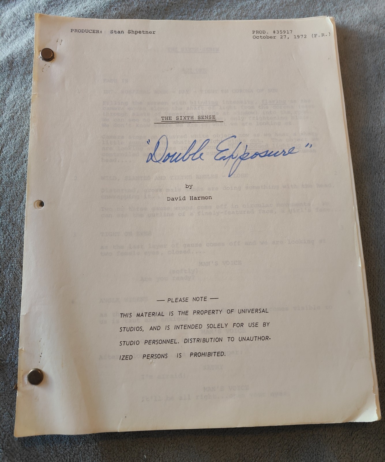 Sixth Sense TV Show Script 1972 “Double Exposure” S2 Episode 12