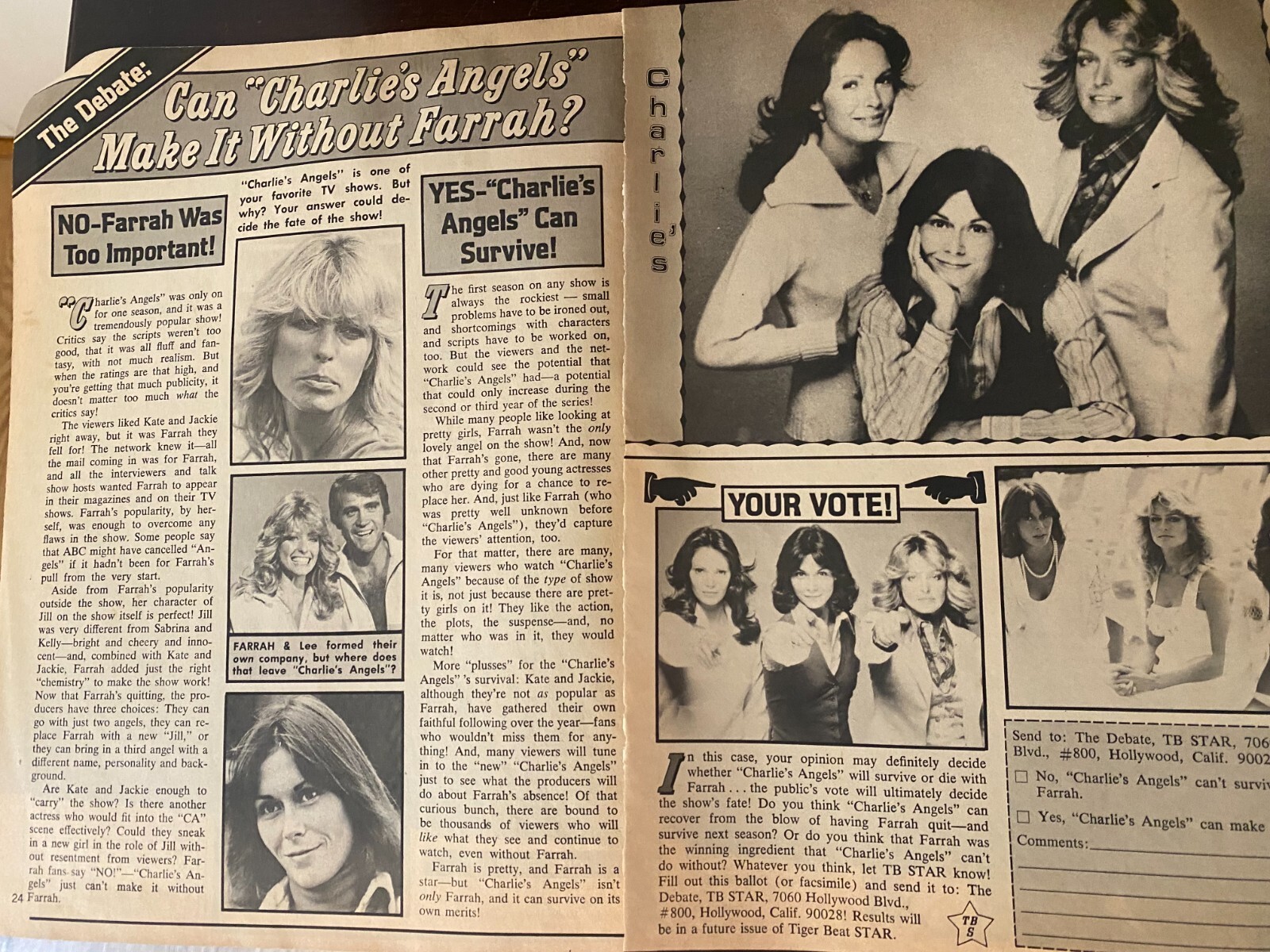 Charlie’s Angels, Kate Jackson, Farrah Fawcett, Two Page Vintage Clipping, aa