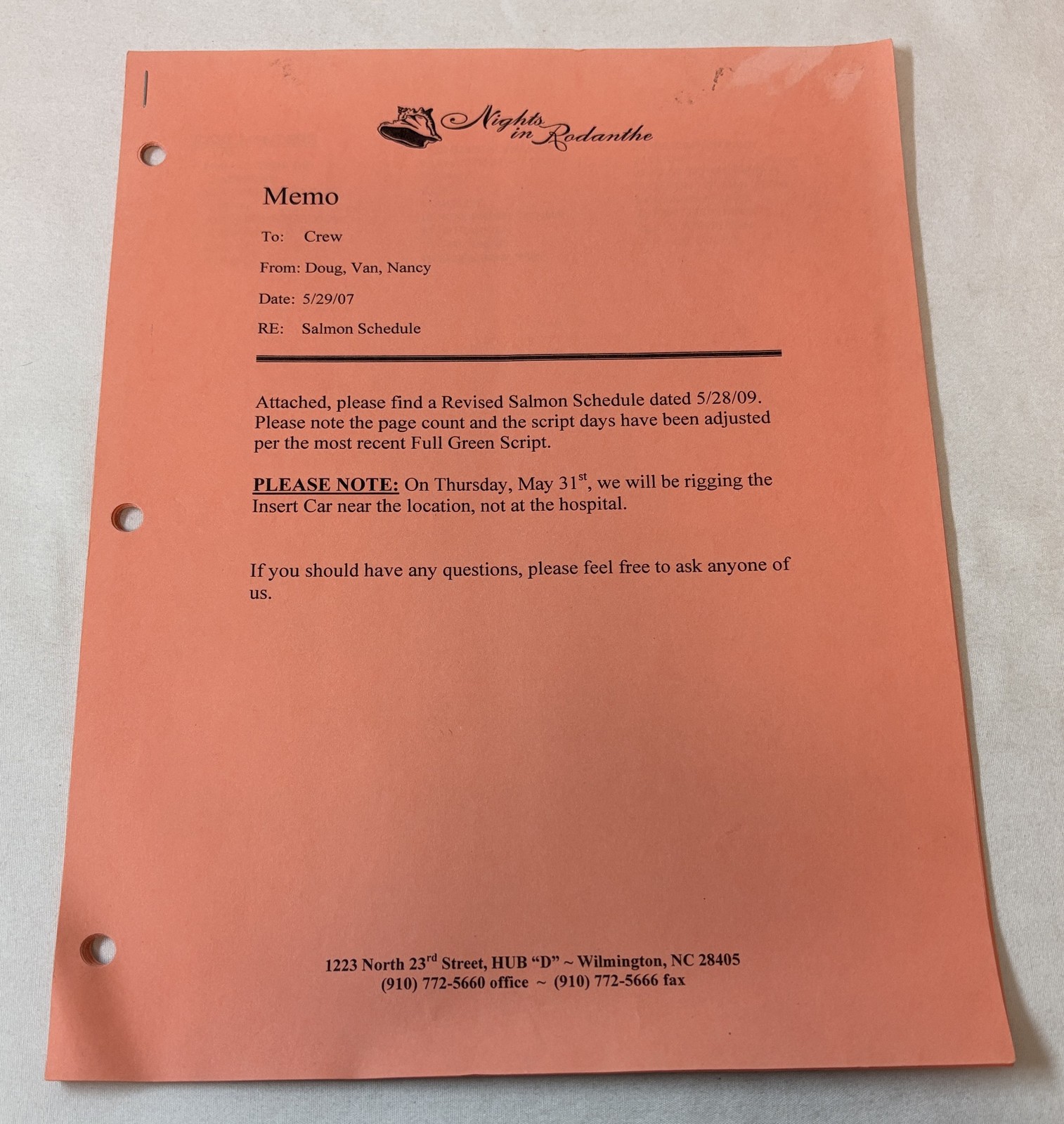2007 NIGHTS IN RODANTHE original movie SHOOTING SCHEDULE ~ salmon