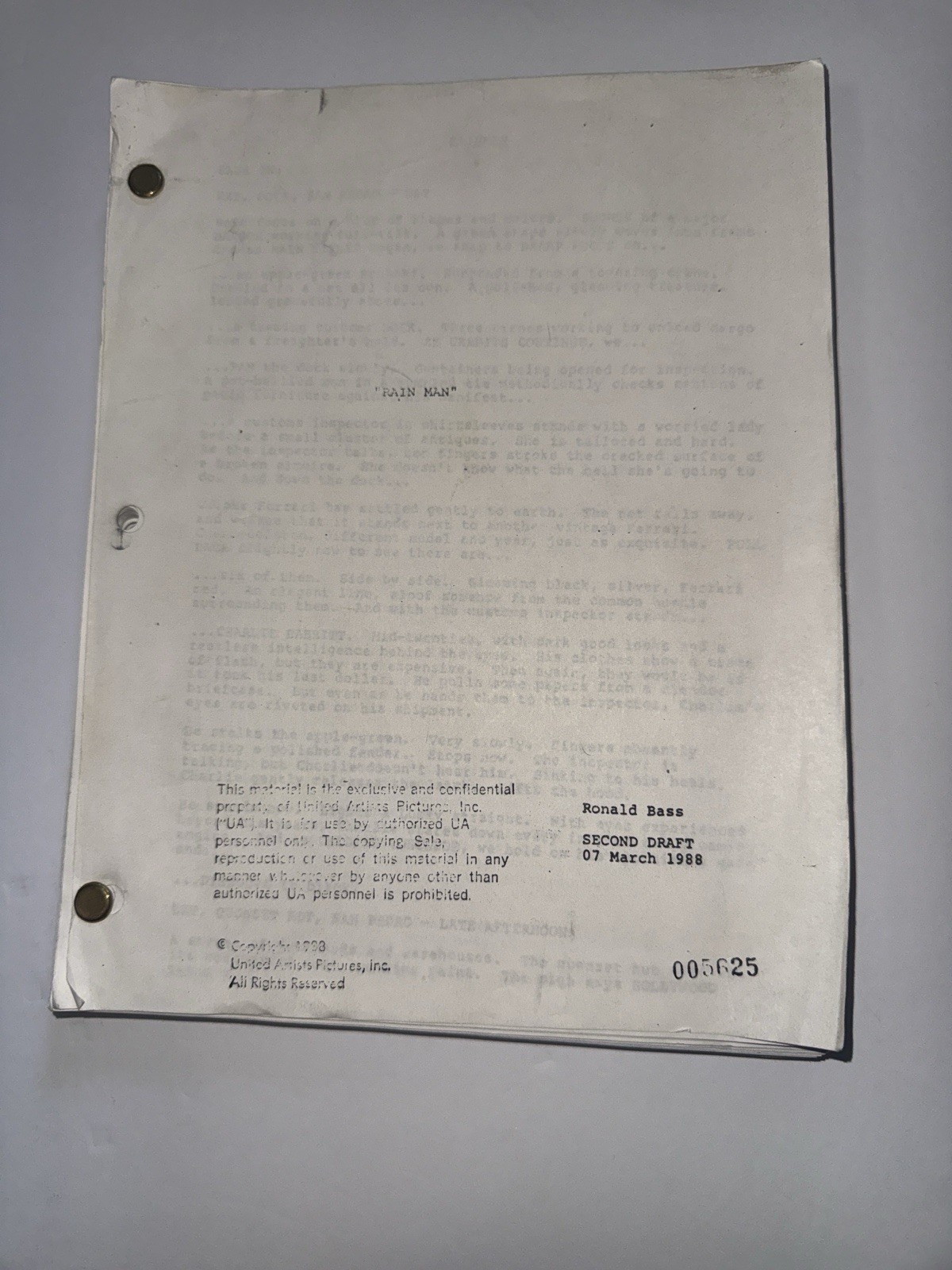 Rain Man 1988 Movie Script Second Draft Ronald Bass Screenplay UA Copy #005625
