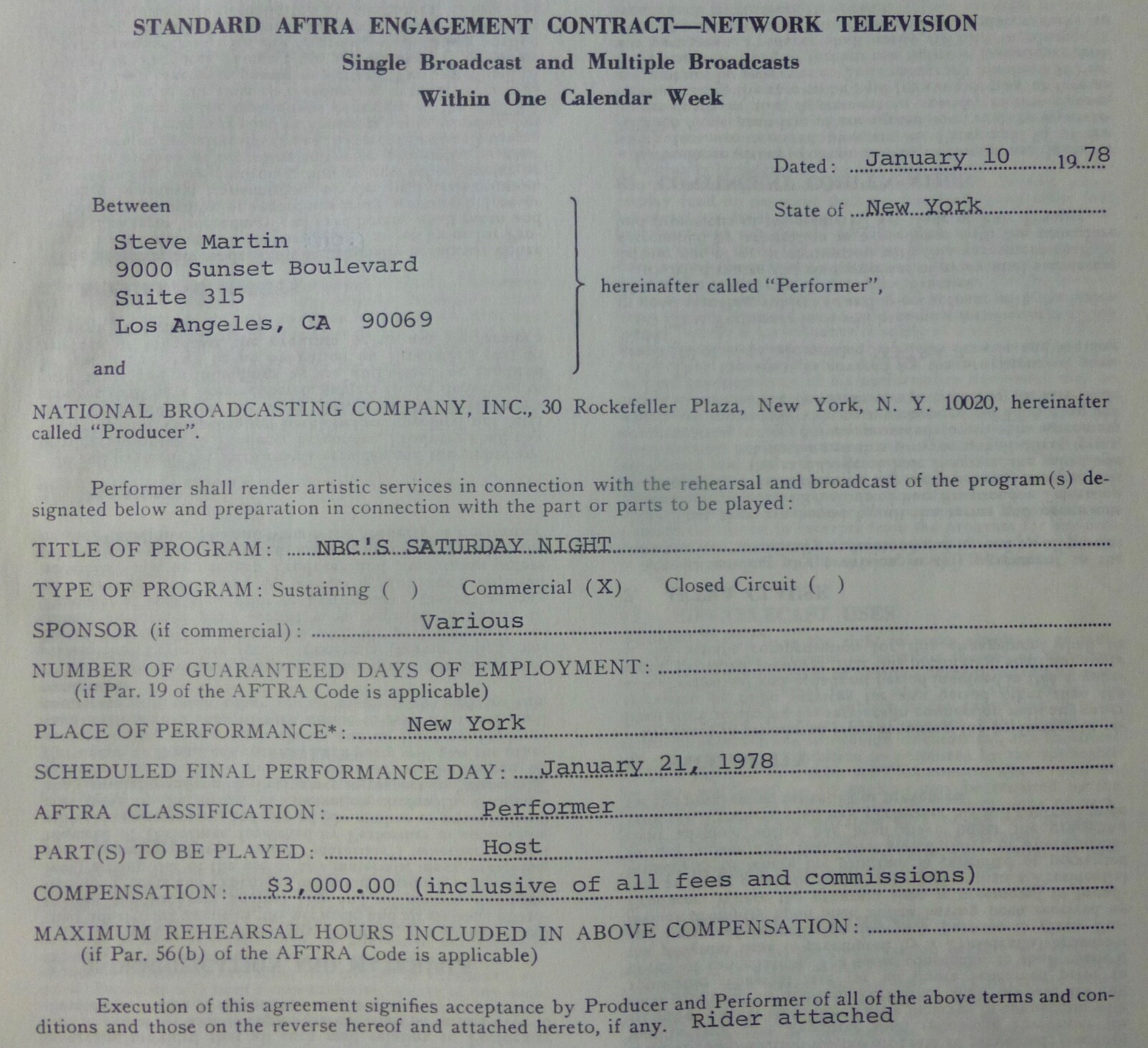 STEVE MARTIN – SIGNED – AFTRA CONTRACT – TO HOST NBC SATURDAY NIGHT LIVE