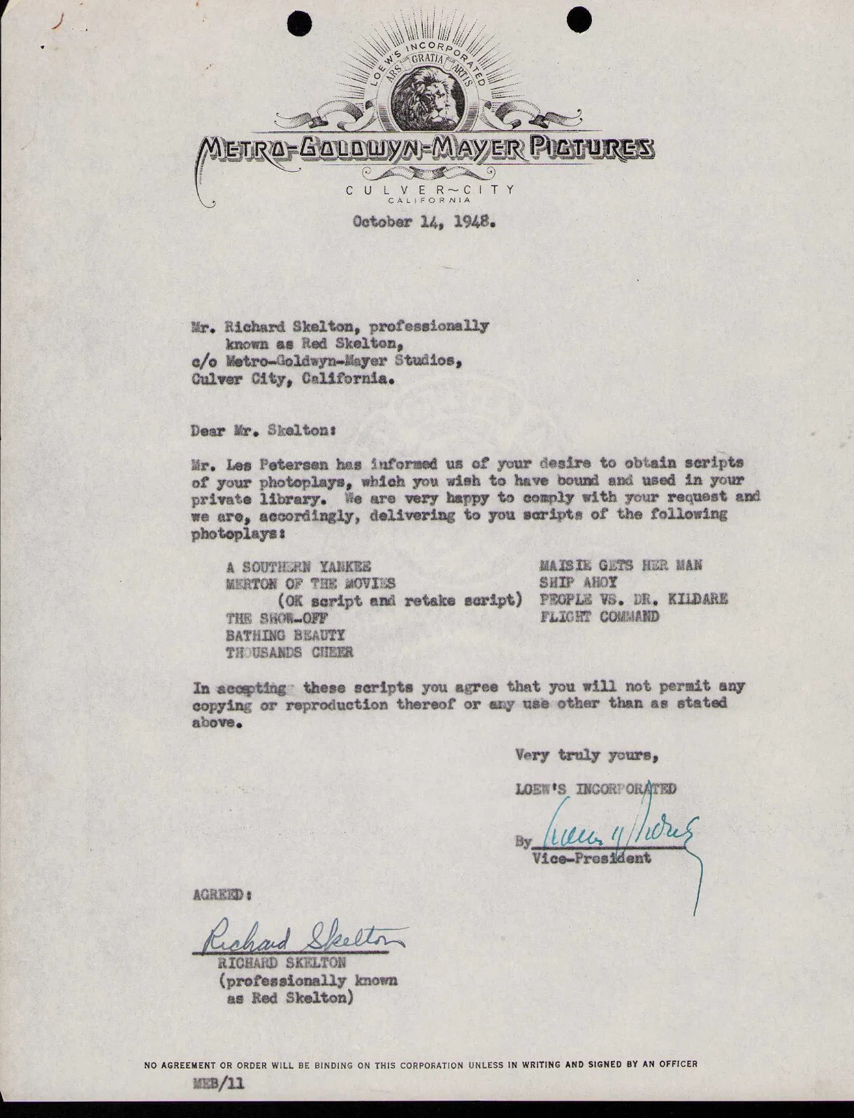 Vintage 1948 Richard “Red “Skelton Signed Early MGM Contract