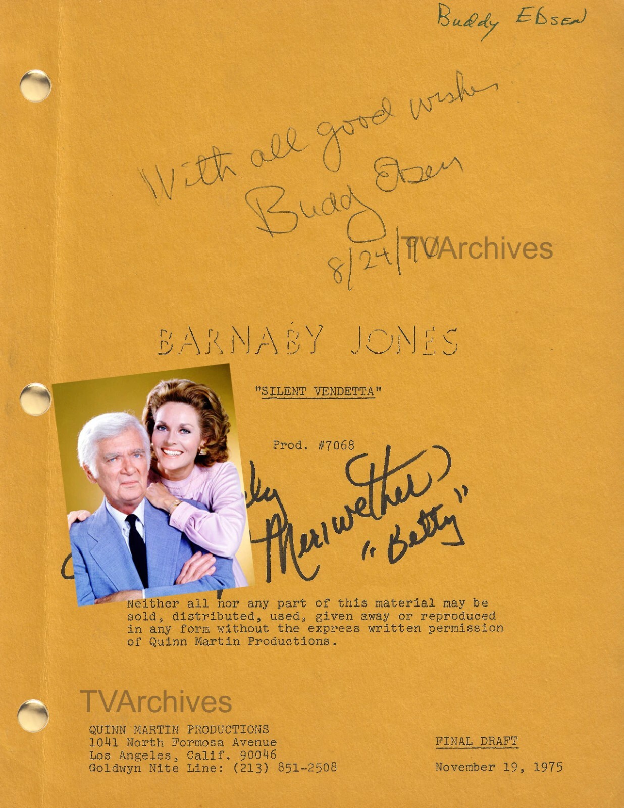 BARNABY JONES TV Series Script Cast Signed, Buddy Ebsen, Autographs (reprint)