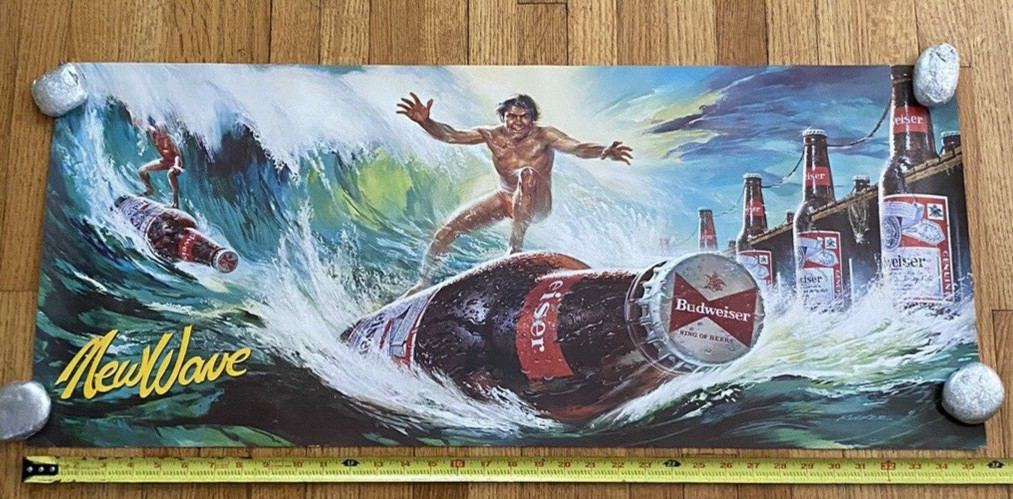 New Wave Budweiswer Surfing Guy Bottle Art Original 1980’s 36″X 15″ Vintage #2
